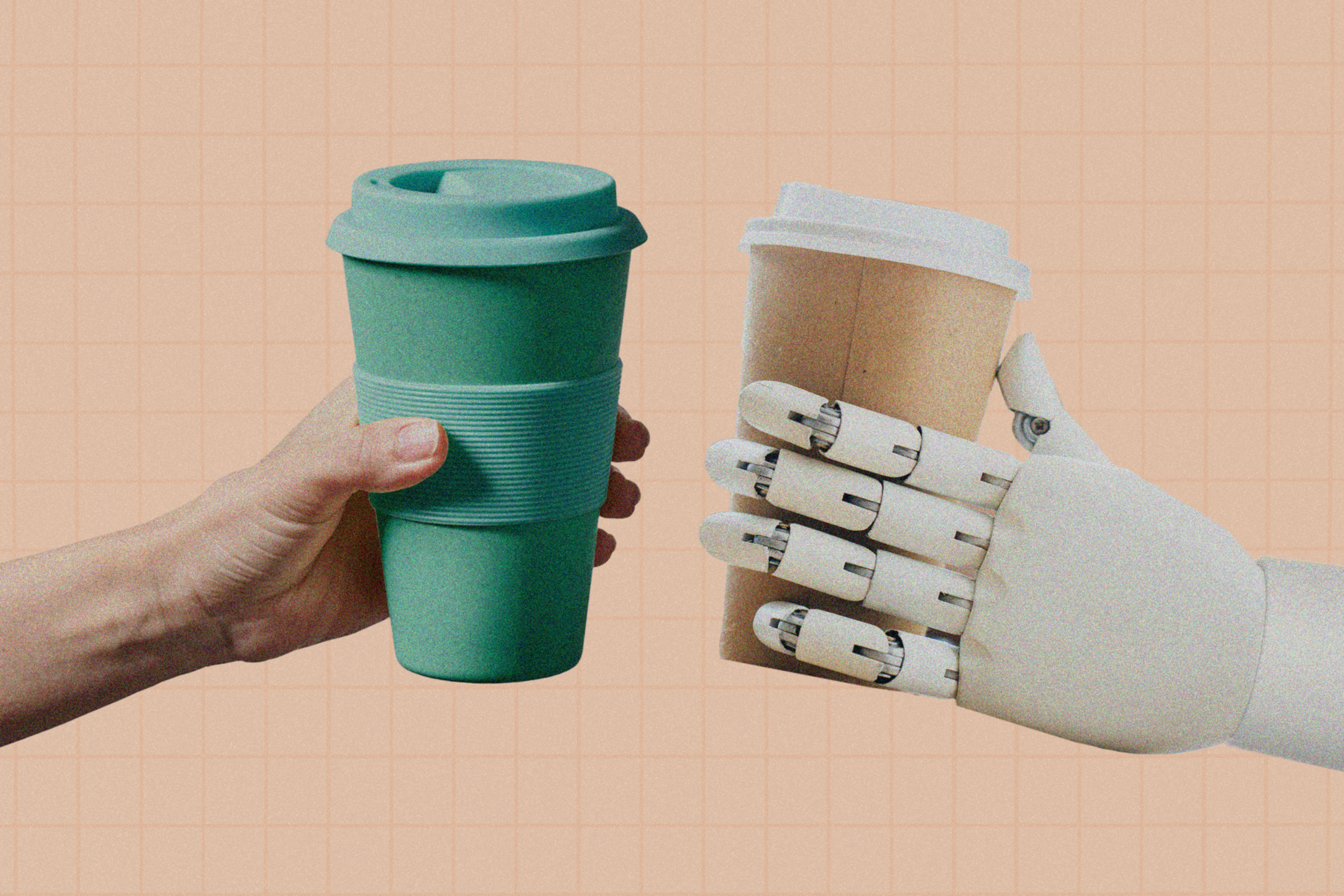 A human hand holds a green reusable cup, while a robotic hand holds a paper coffee cup against a beige, grid-patterned background.