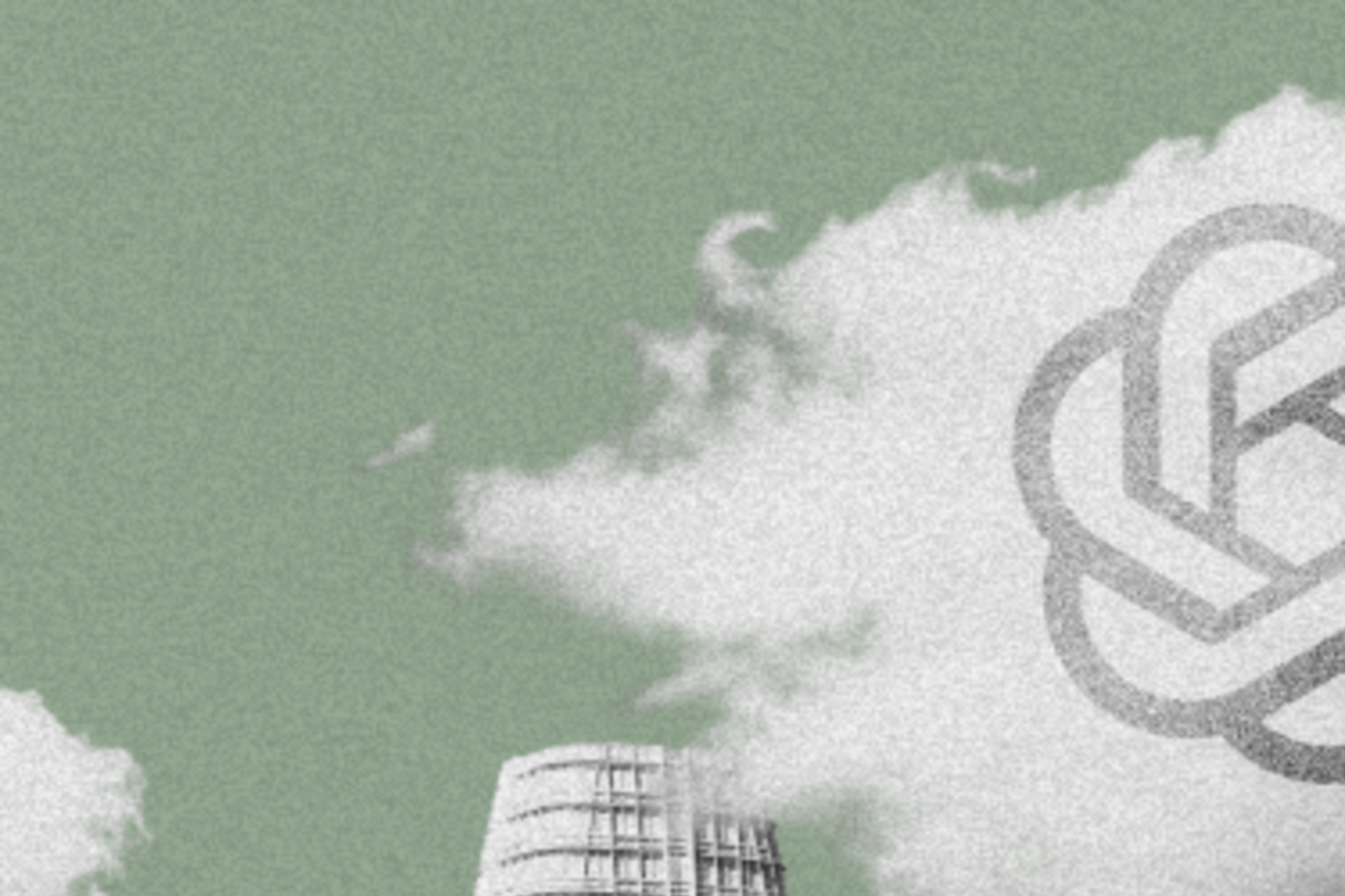 The image shows a collage of San Francisco buildings with clouds labeled "AI" and a logo. A floating dollar bill is also visible, set against a green background.