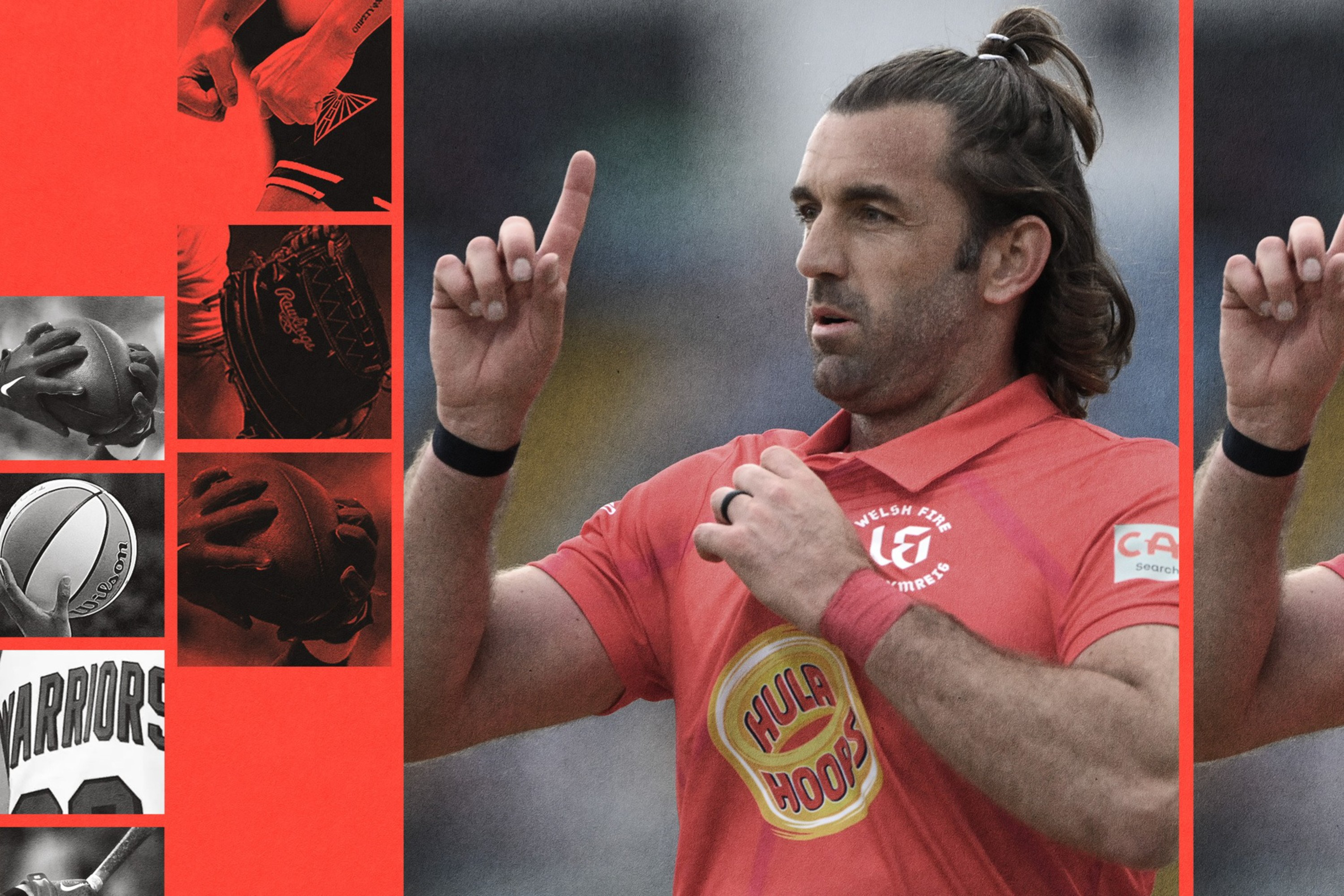 A man with long hair tied back wears a red sports jersey, raises both index fingers, and holds the shirt collar with one hand.