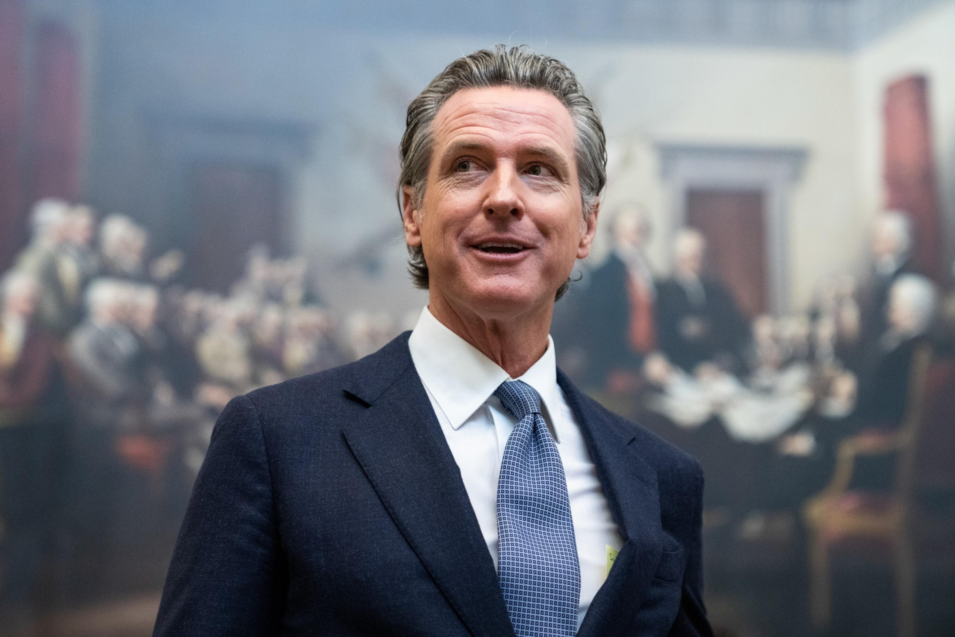 Governor Gavin Newsom stands in front of a painting wearing a navy blue suit jacket, a white collared shirt and a blue patterned tie.