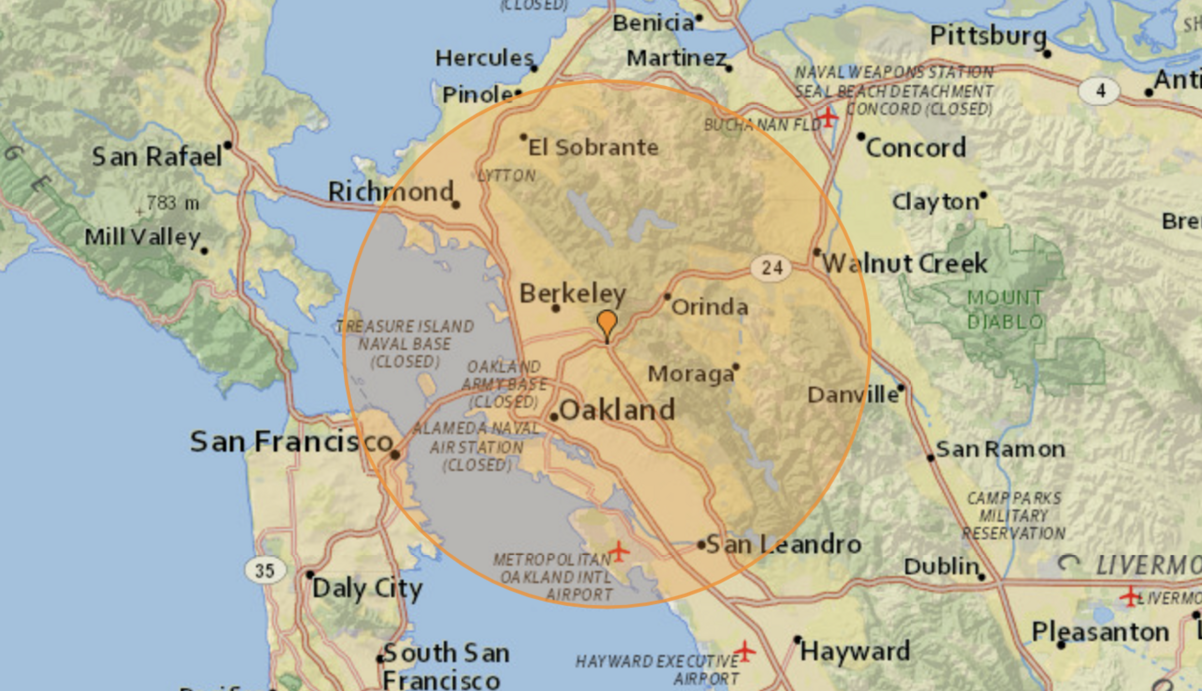 Map of the radius of the Bay Area earthquake.