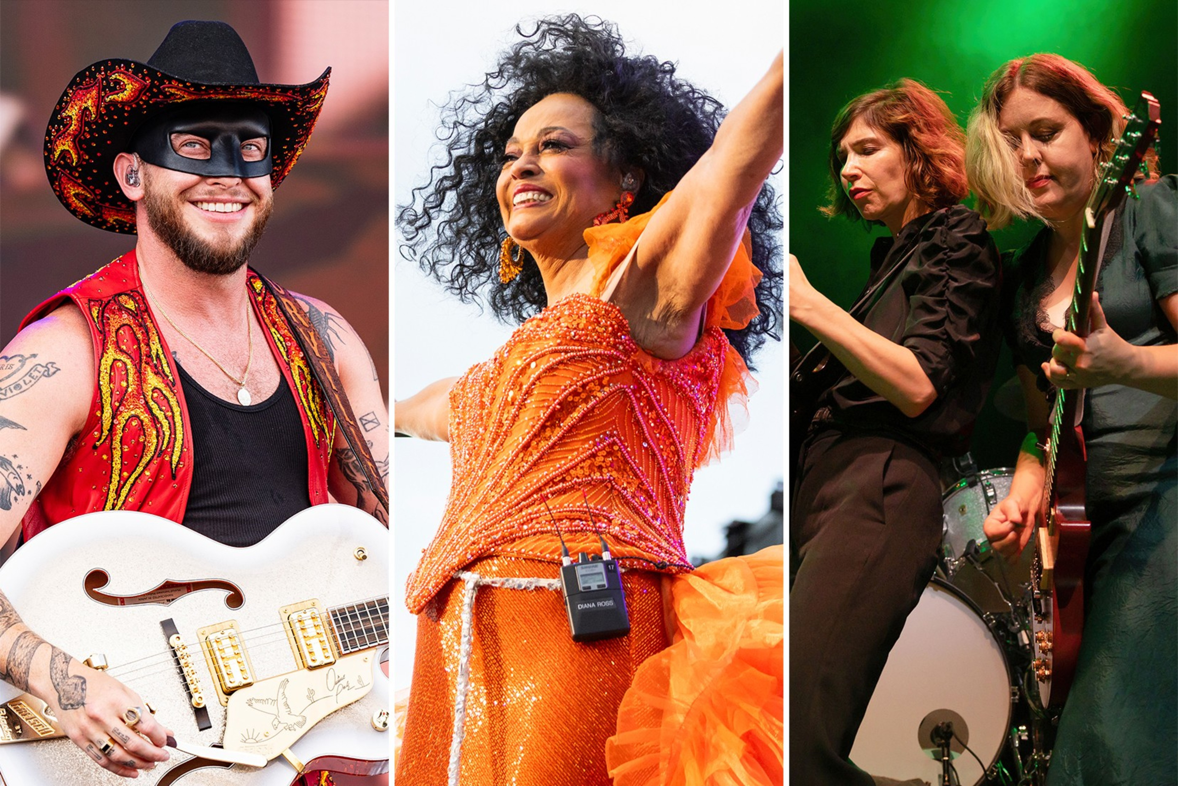 The image shows three performers: a masked man with a guitar, a woman in an orange dress with arms raised, and two women with guitars in a dynamic pose.