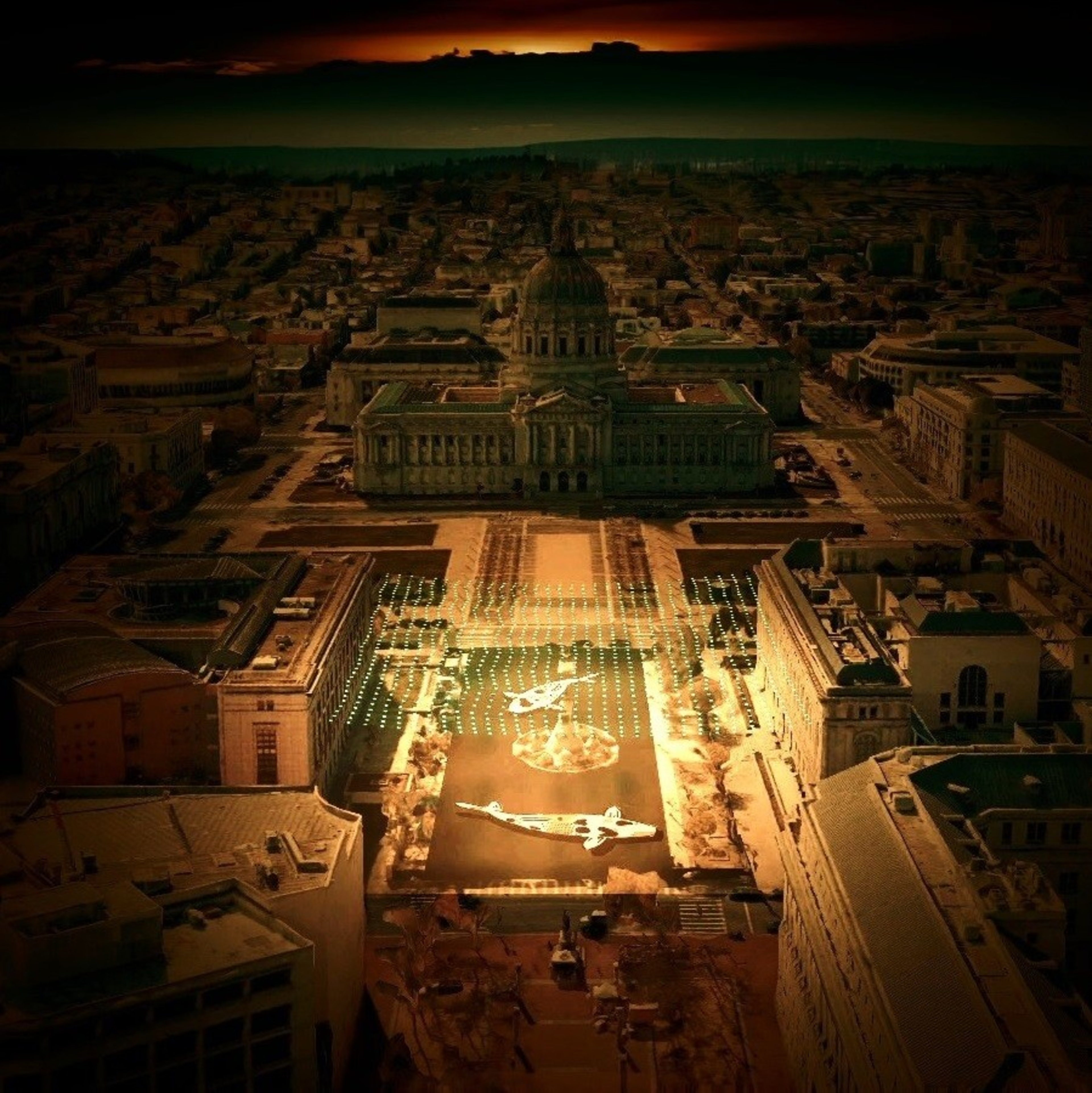 The image shows a cityscape with a grand, domed building in the center. Illuminated sculptures line a plaza, creating a warm, dramatic contrast with the dusk sky.