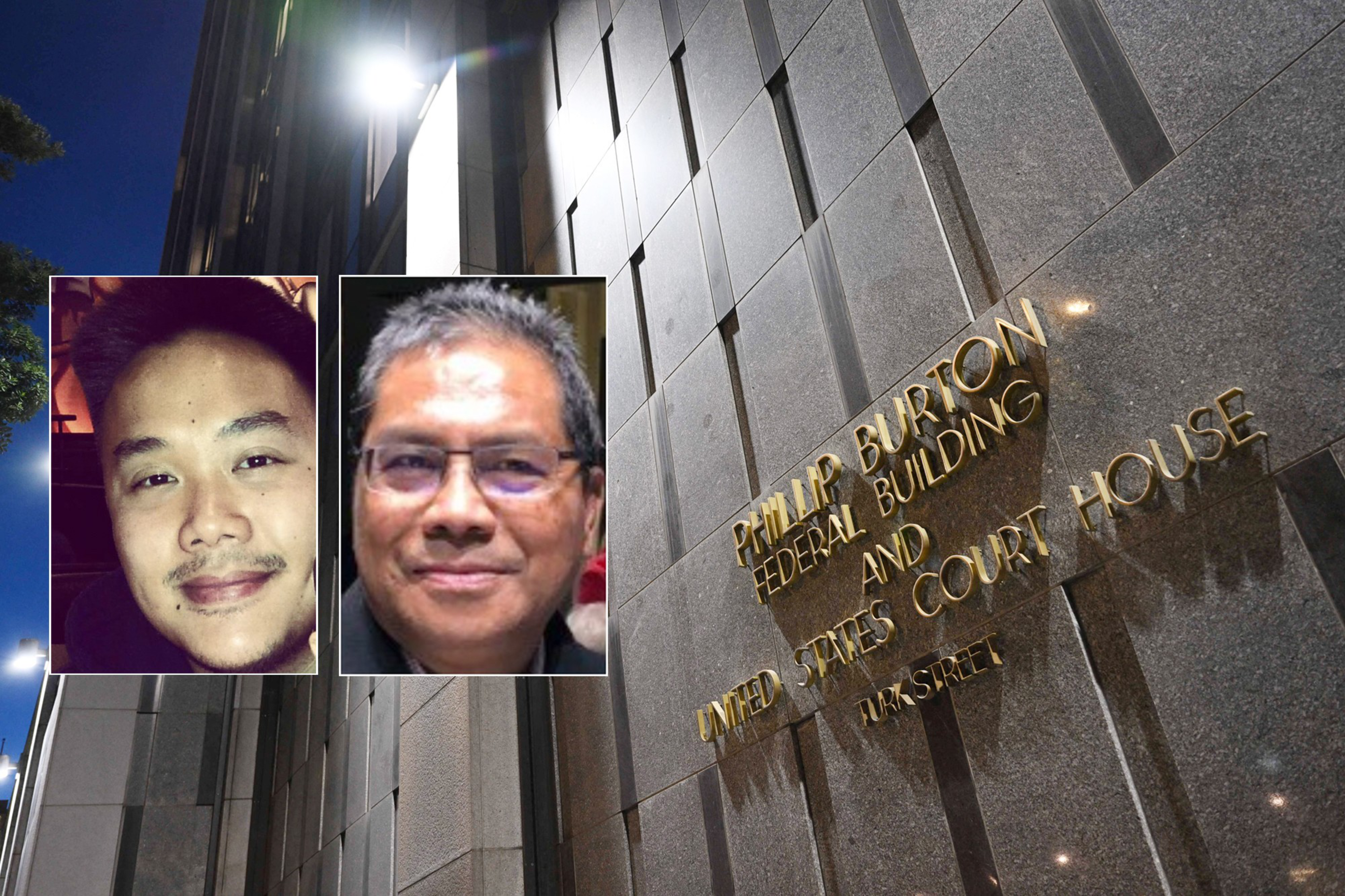 Two small photos of the mens face, Cyril Yu on the left and Rudy Pada on the right which is overlayed on top of the Philip Burton Federal Courthouse in San Francisco at night. The 2 men Yu and Pada faced felony fraud charges inside the Federal building for