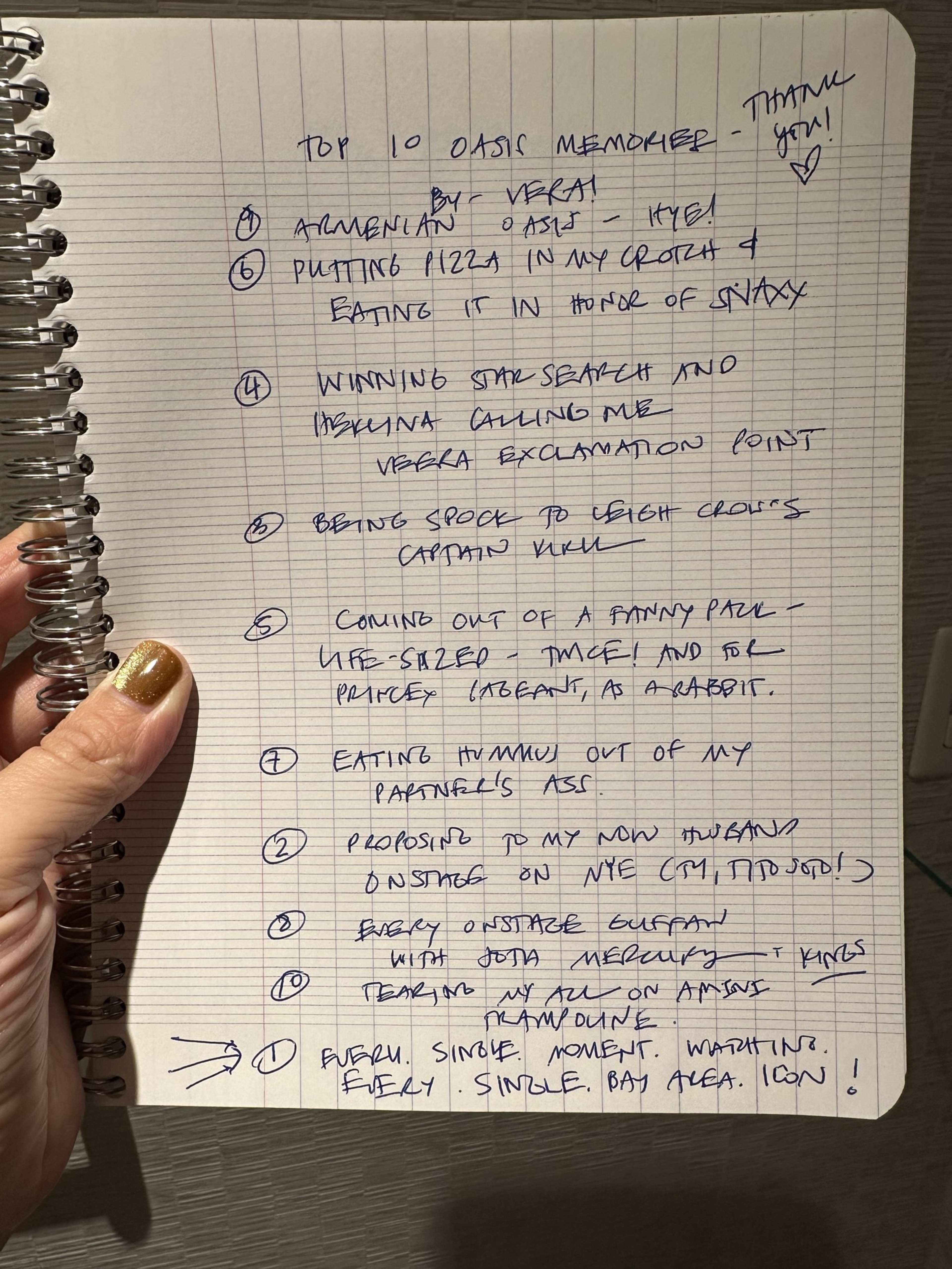 A handwritten list titled "Top 10 Oasis Memories" with various numbered memories, some crossed out, and a thank you note at the top right.