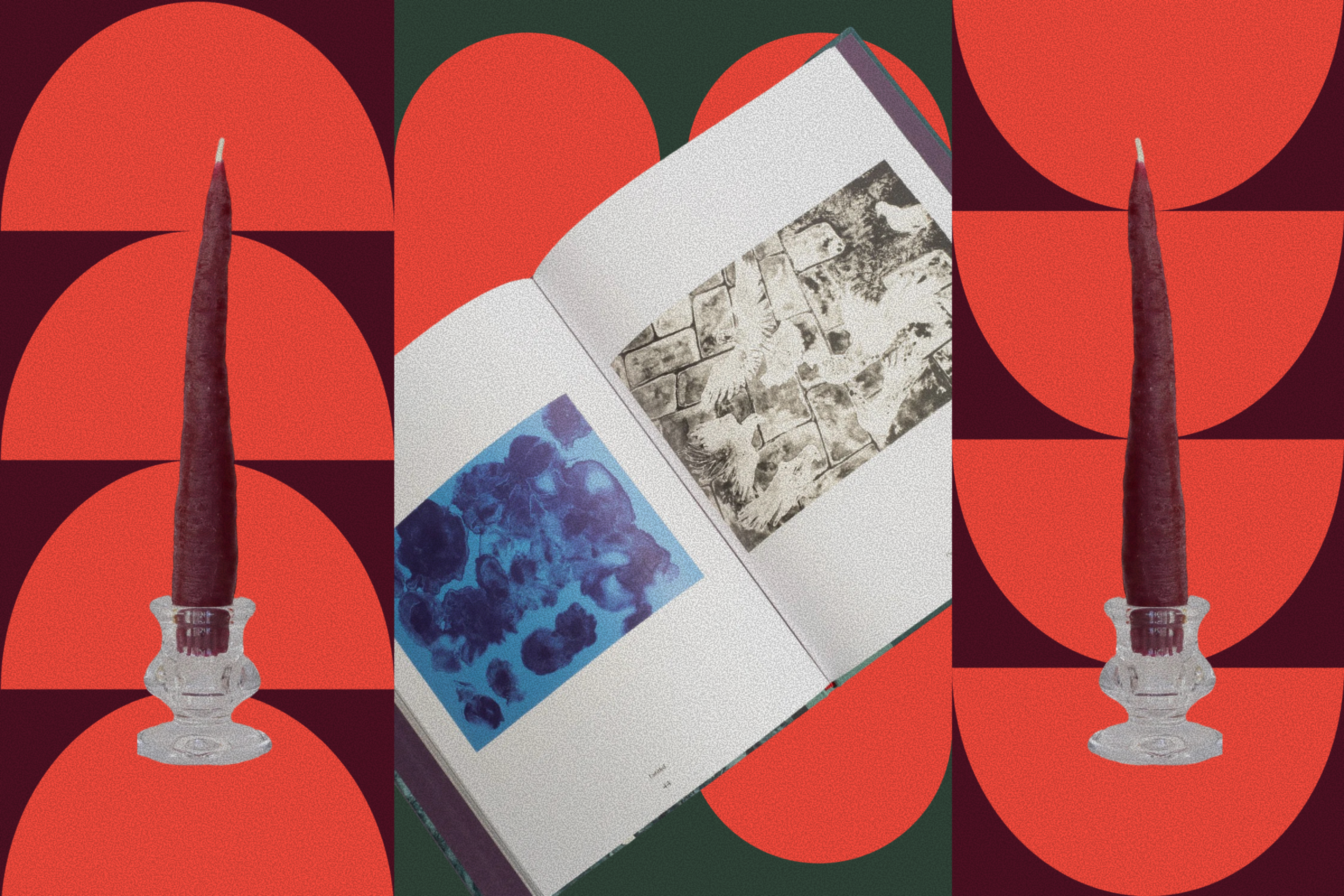 An open book displays two art prints: one blue with abstract shapes, the other black and white with bird sketches, flanked by two red carrots in glass holders.