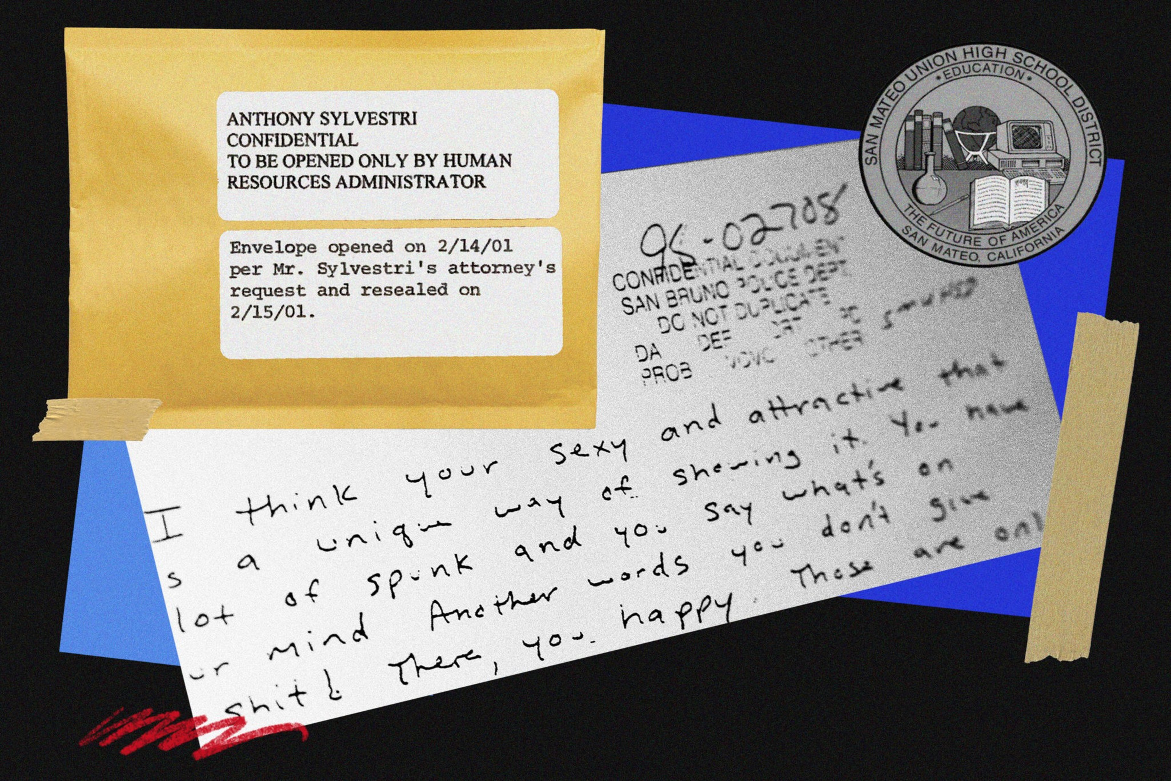 A confidential letter addressed to Anthony Sylvestri is shown, with handwritten text praising someone's unique and sexy way of speaking.