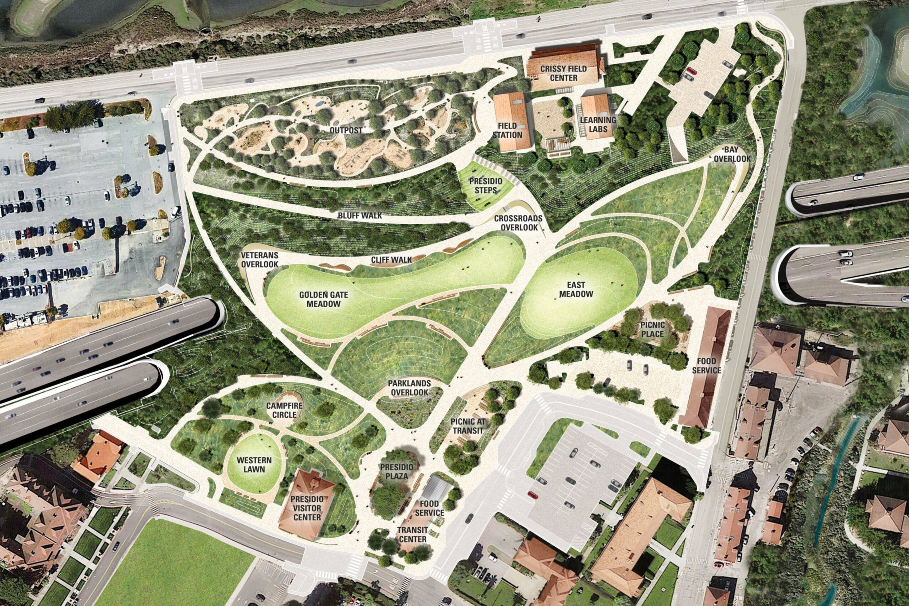 A detailed map of a park with labeled areas including meadows, overlooks, visitor centers, picnic spots, walking paths, parking, and food service locations.