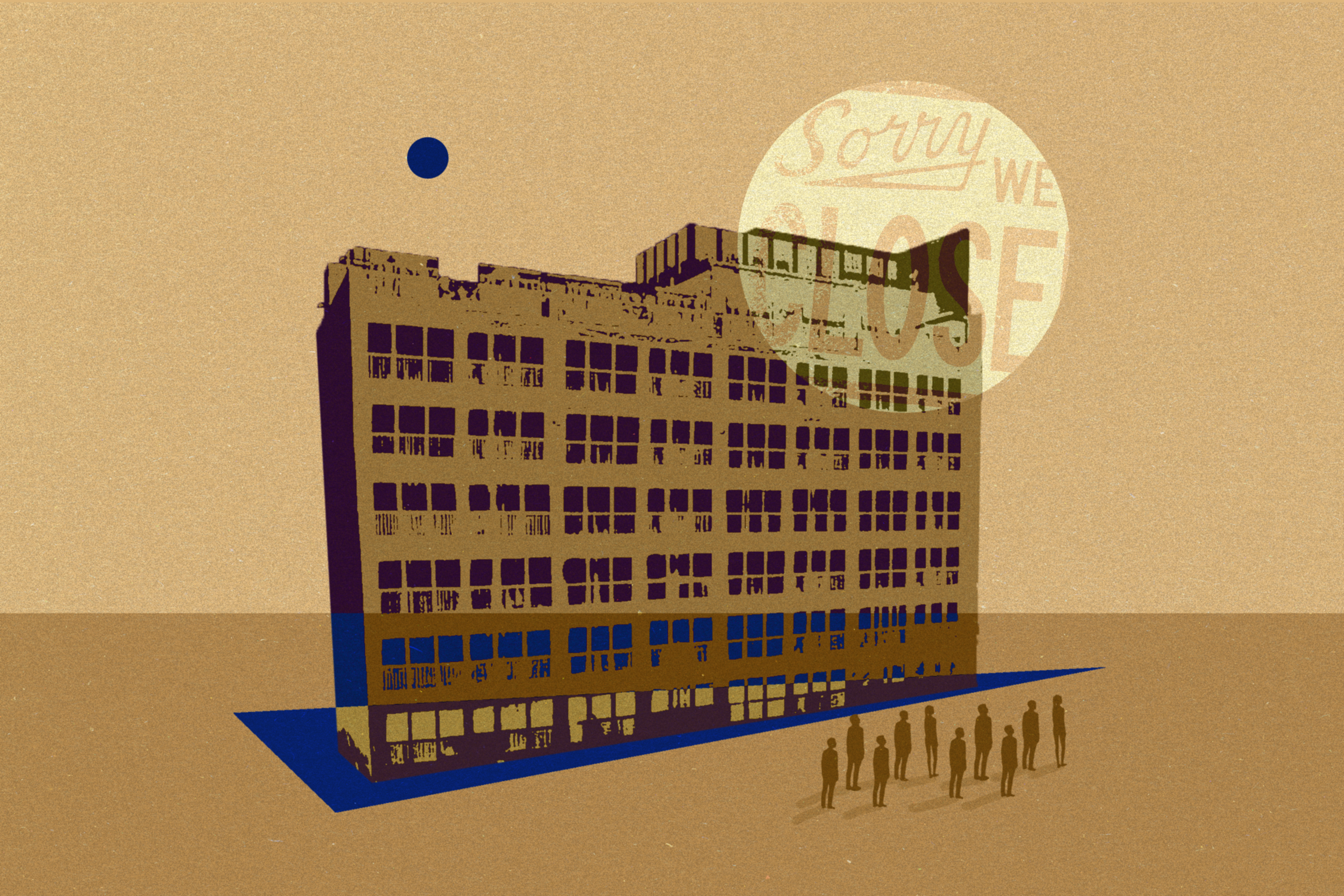 A photo collage of a run down hotel building with figures marching out.