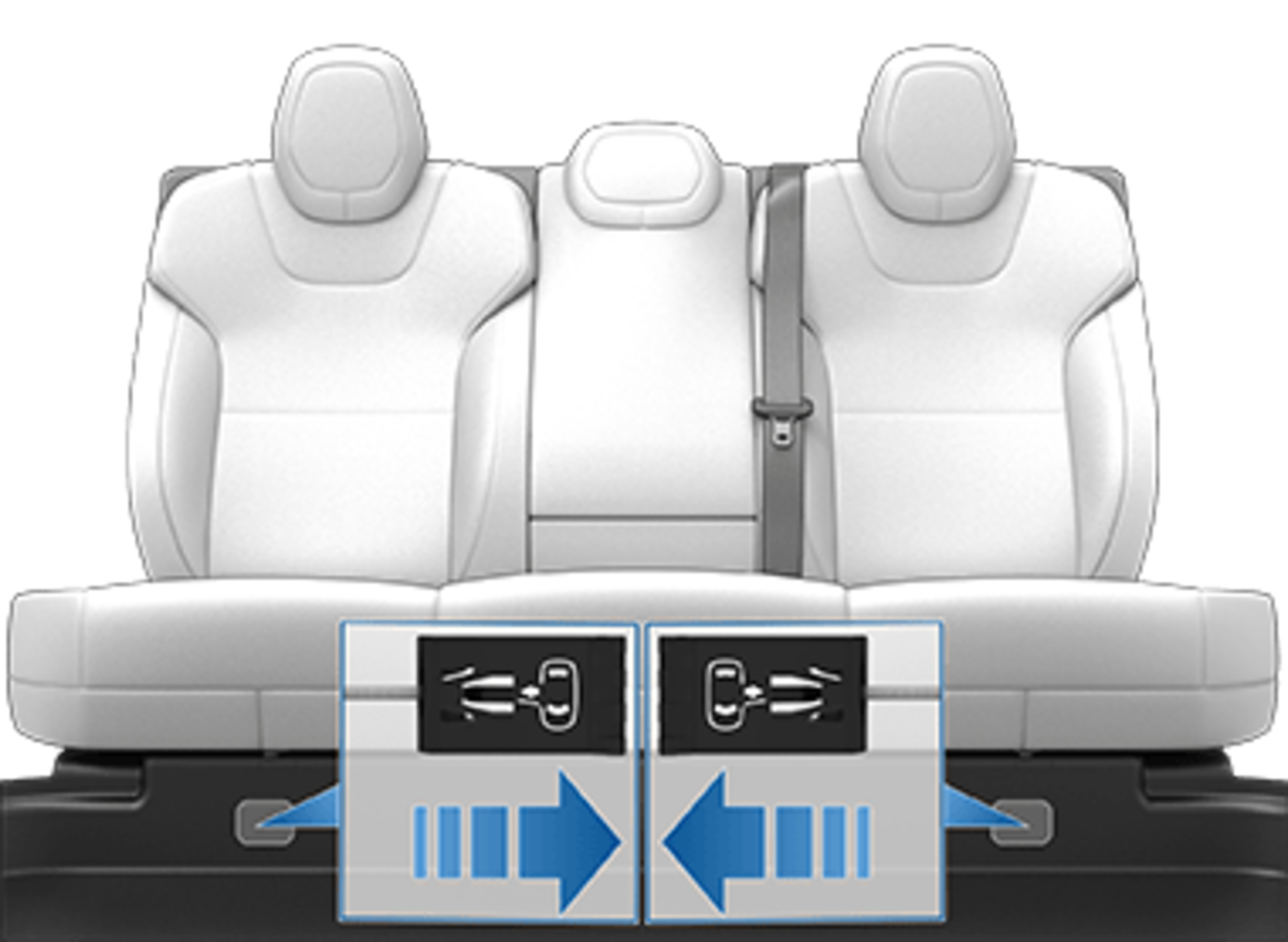 A car’s rear seat with three headrests, a center armrest, and a seatbelt; arrows indicate pulling mechanisms to fold the seatbacks forward.