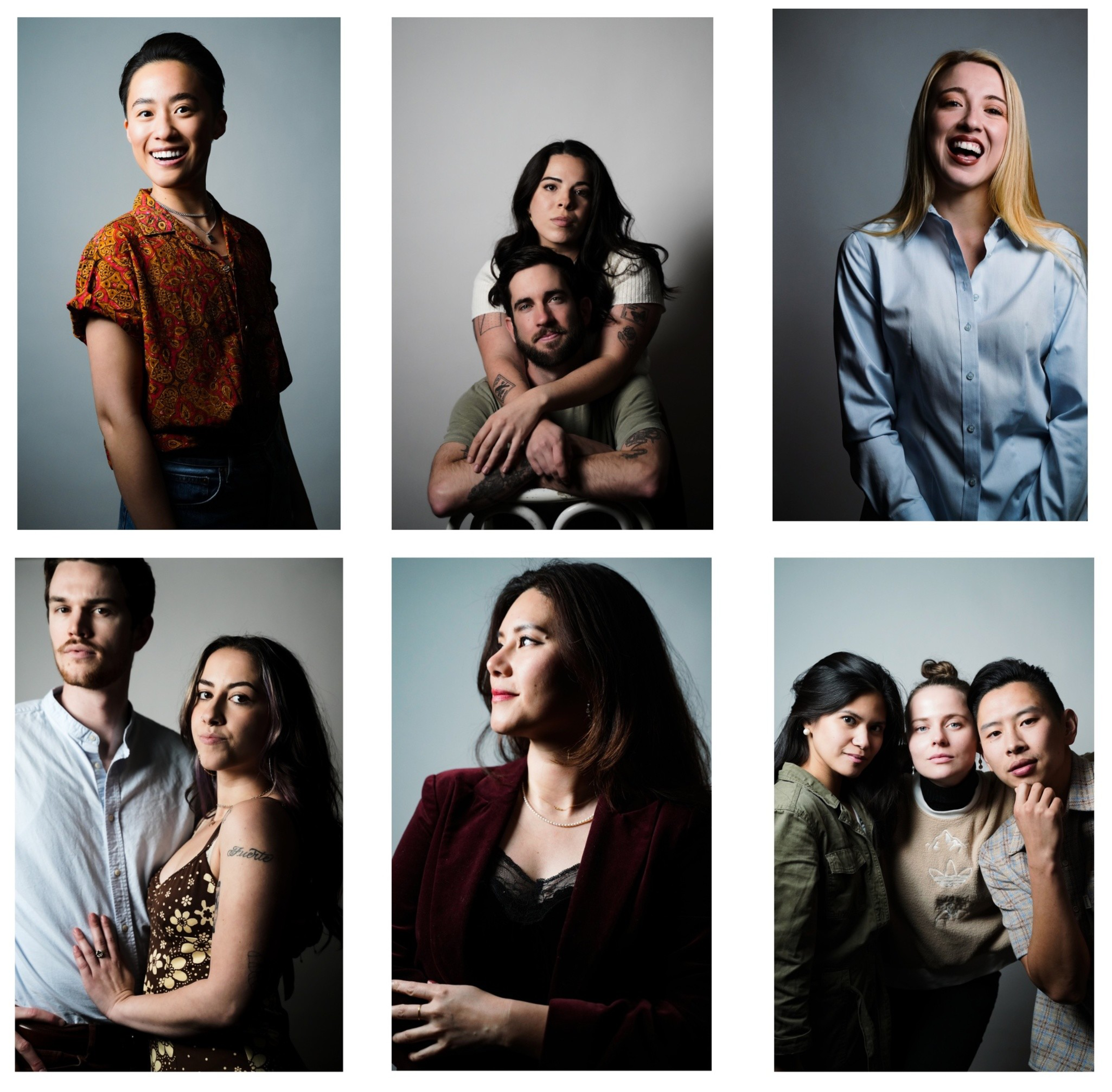 Six portraits feature diverse individuals or couples with varied expressions, clothing styles, and poses against plain, neutral backgrounds.