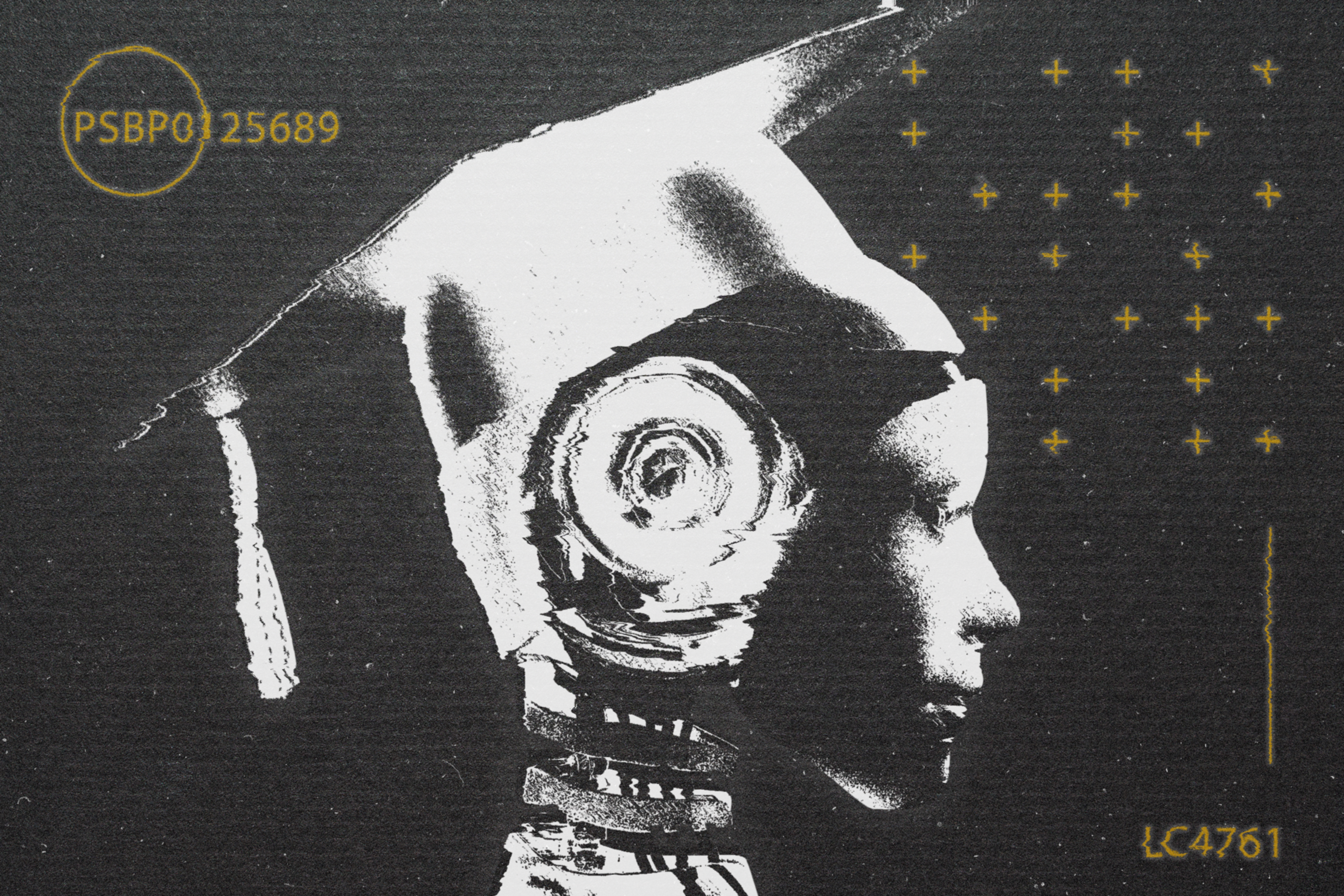 A grayscale image of a robot with a graduation cap, featuring circuit-like details and numbers "PSBP0125689" and "LC4761" in yellow with stars in the background.