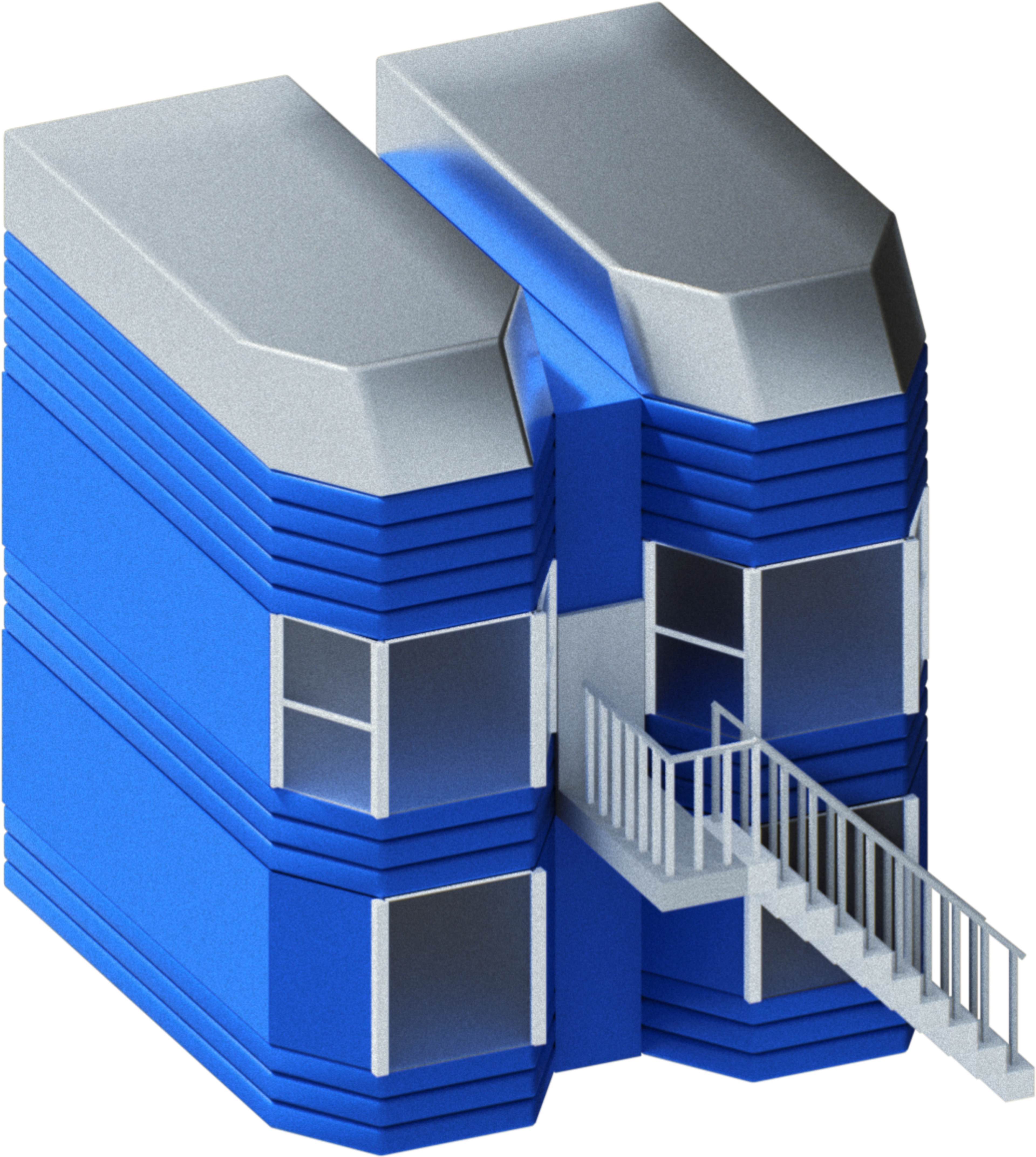 Two connected blue and gray modern buildings with large windows and an external white staircase between them.