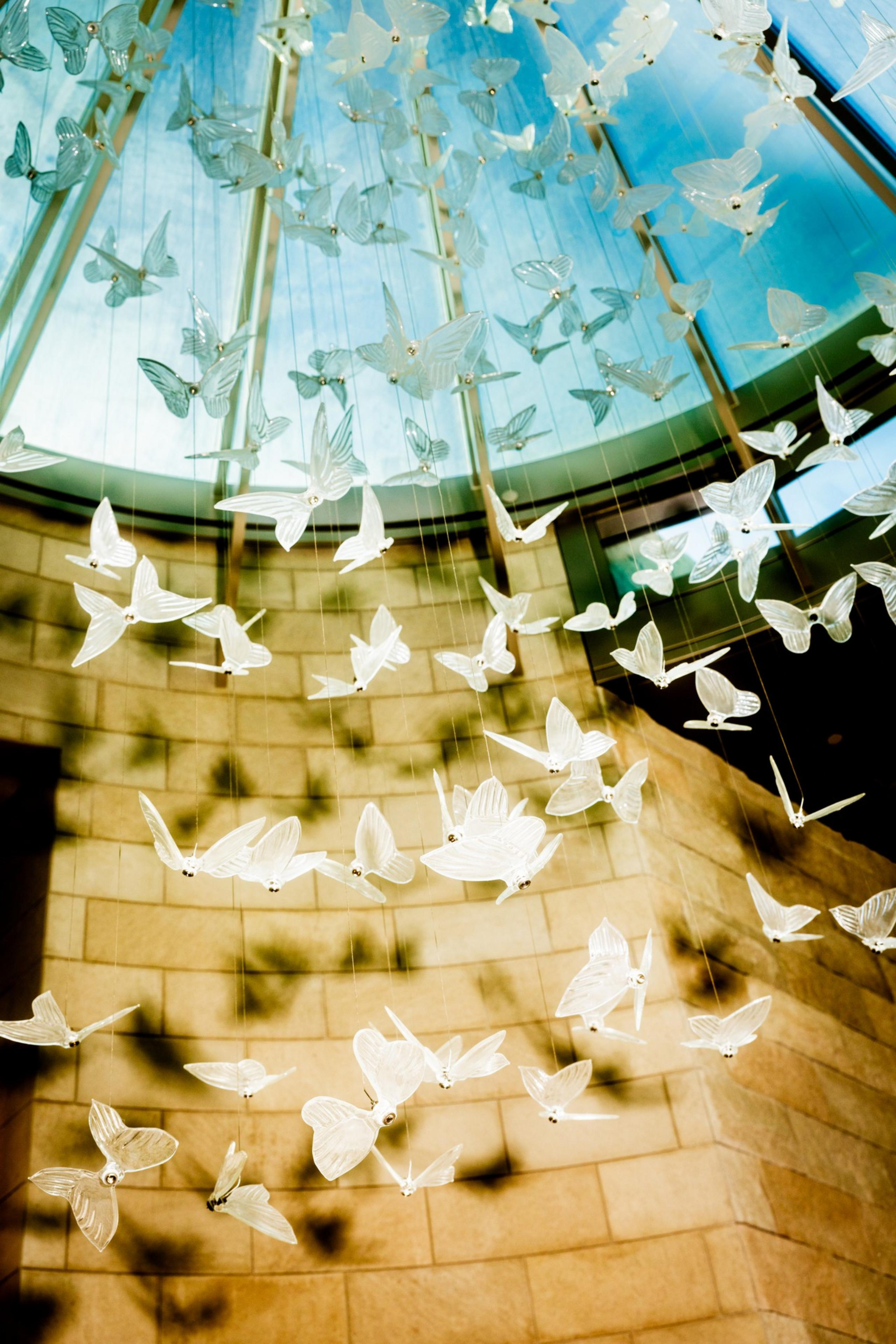 Numerous translucent butterfly sculptures hang from thin strings, suspended in front of a light stone wall and beneath a blue glass ceiling.