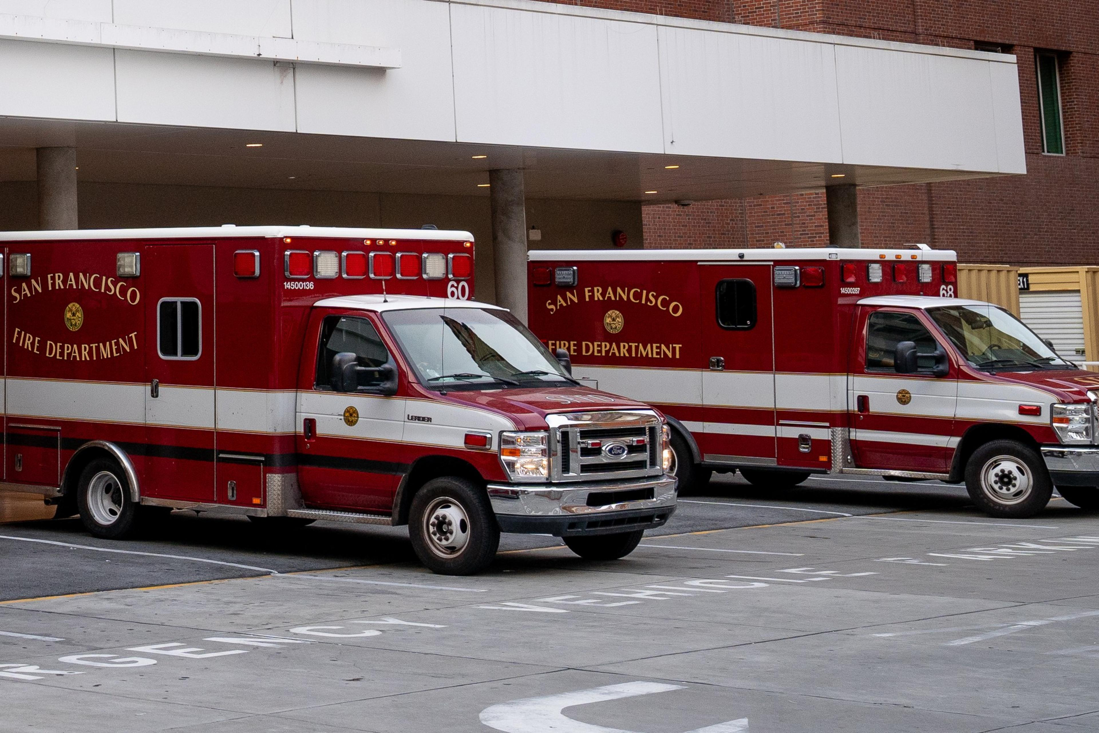 San Francisco Fire Department ambulances are parked outside of Zuckerberg San Francisco General Hospital. | Justin Katigbak for The Standard