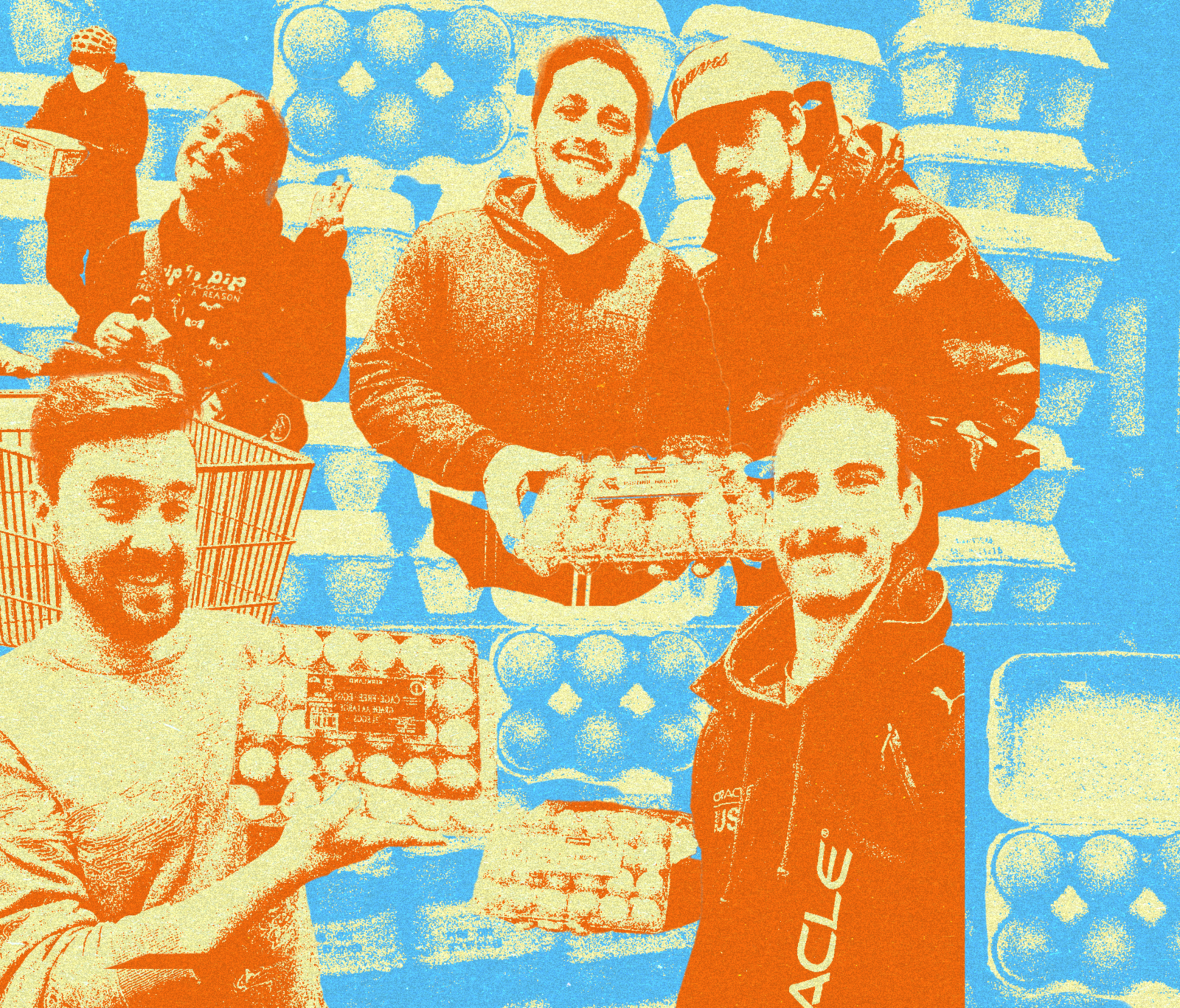 An illustration showing people holding up egg cartons