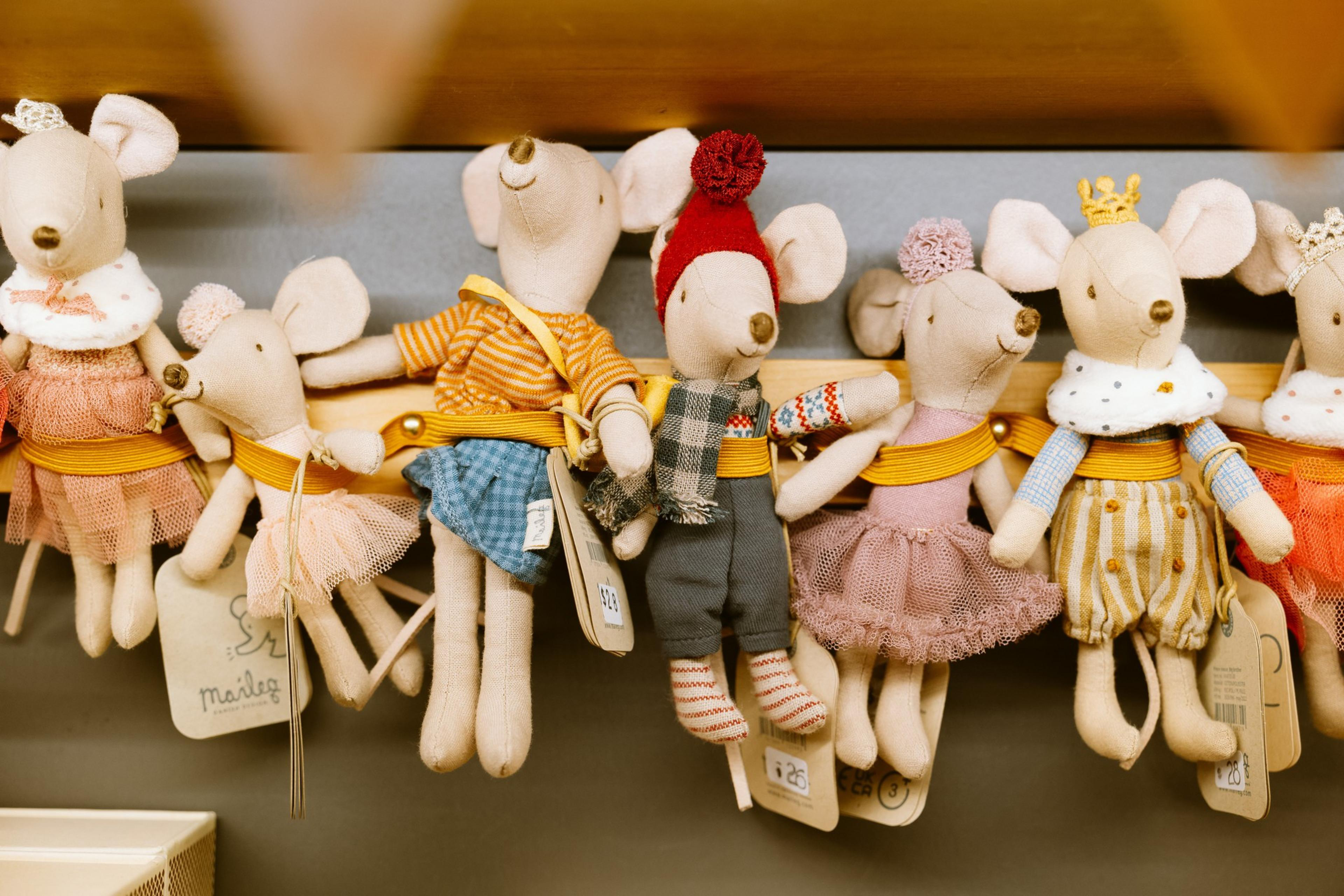 A detail photo of small stuffed animal mice at Tantrum Toy Shop in the Richmond district of San Francisco 