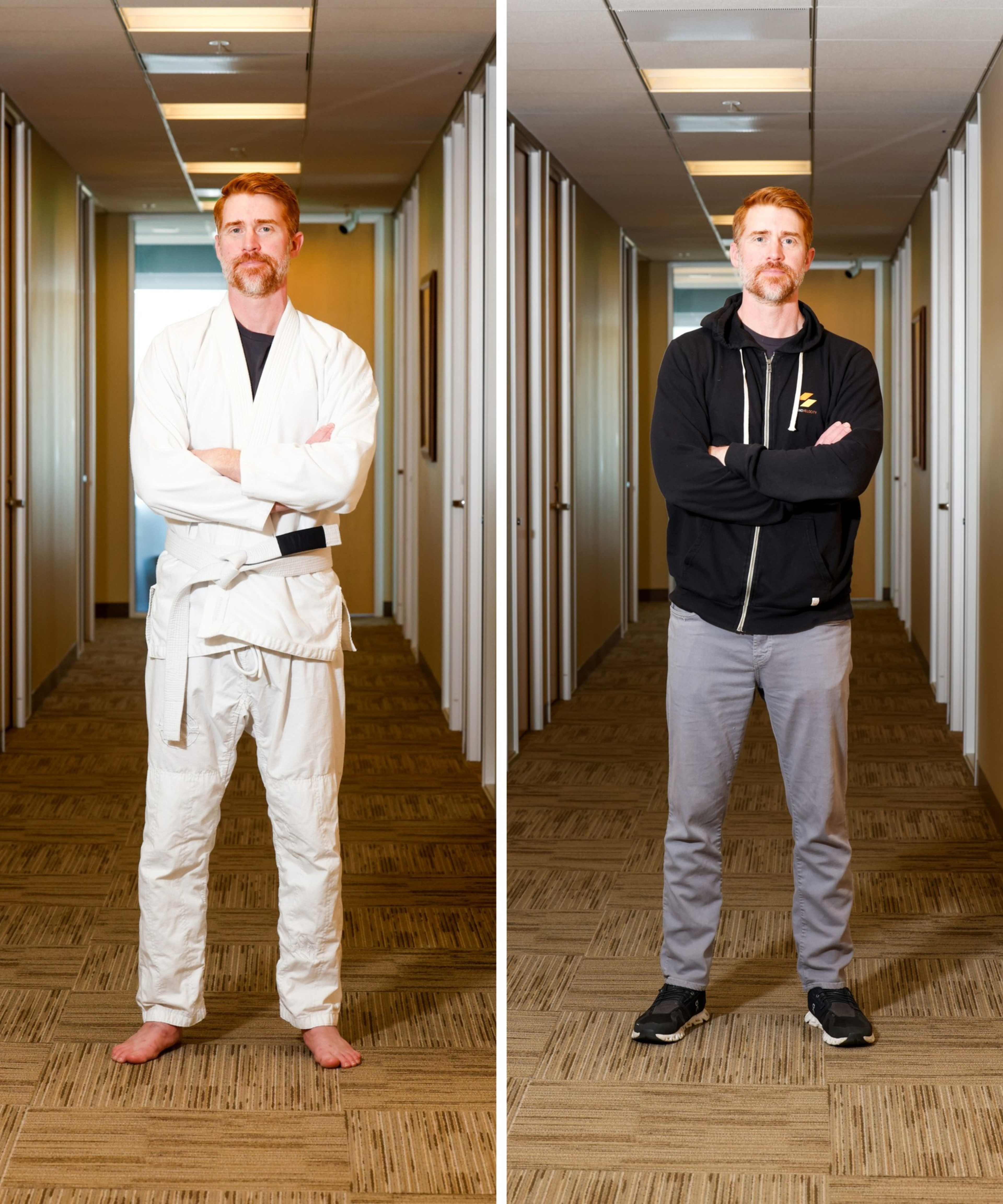 The image shows two side-by-side photos of the same person standing in a hallway. On the left, he's in a martial arts gi; on the right, he's in casual clothing.