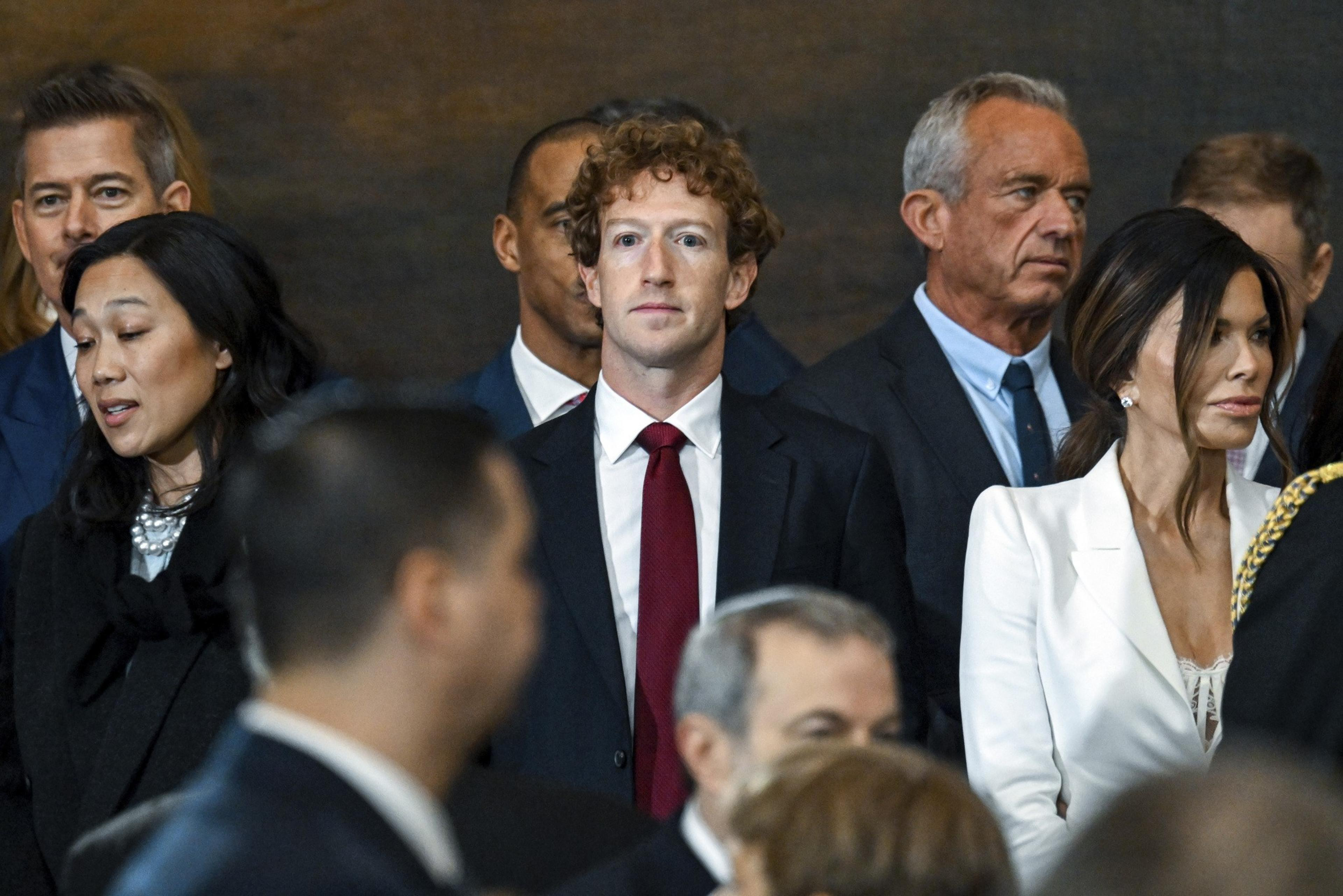 Mark Zuckerberg arrives before the 60th Presidential Inauguration in the Rotunda of the U.S. Capitol in Washington, Monday, Jan. 20, 2025. (Kenny Holston/The New York Times via AP, Pool)