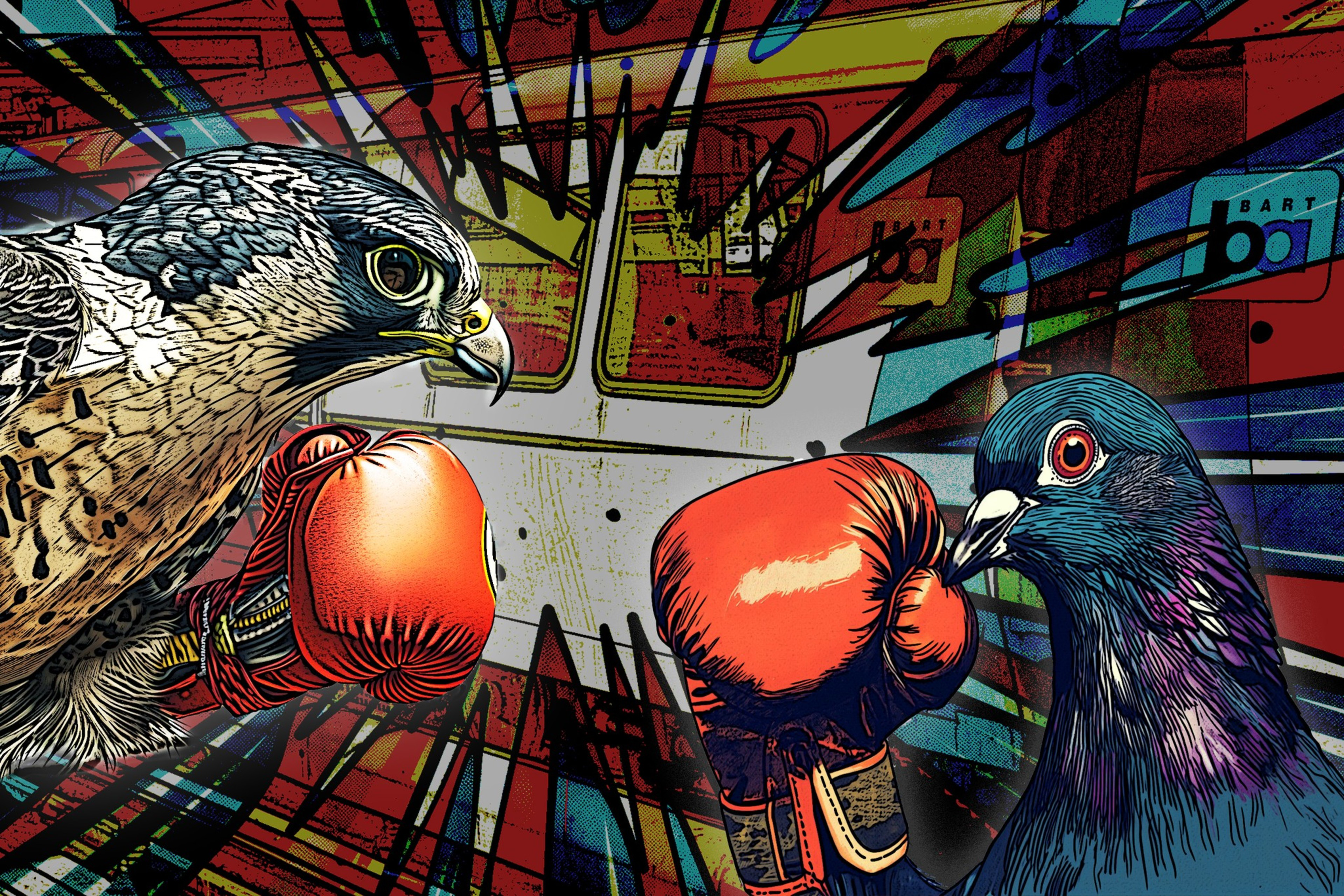 A hawk and a pigeon, both wearing large red boxing gloves, face off in a boxing match amidst a colorful, comic-style background with dynamic motion lines.