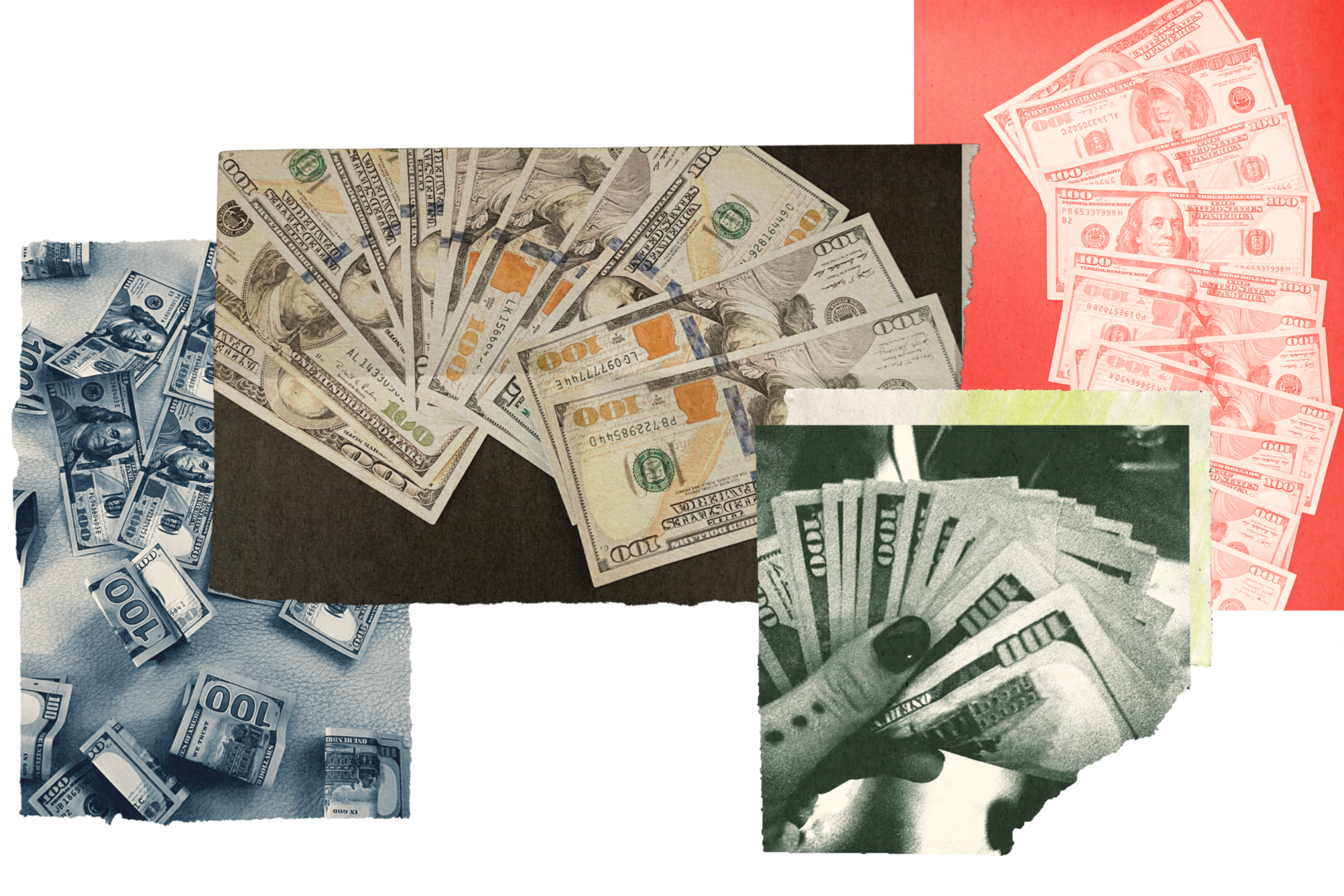 Multiple images of U.S. hundred-dollar bills are arranged in a collage, including a hand holding a fan of bills and stacks of cash in various colors.