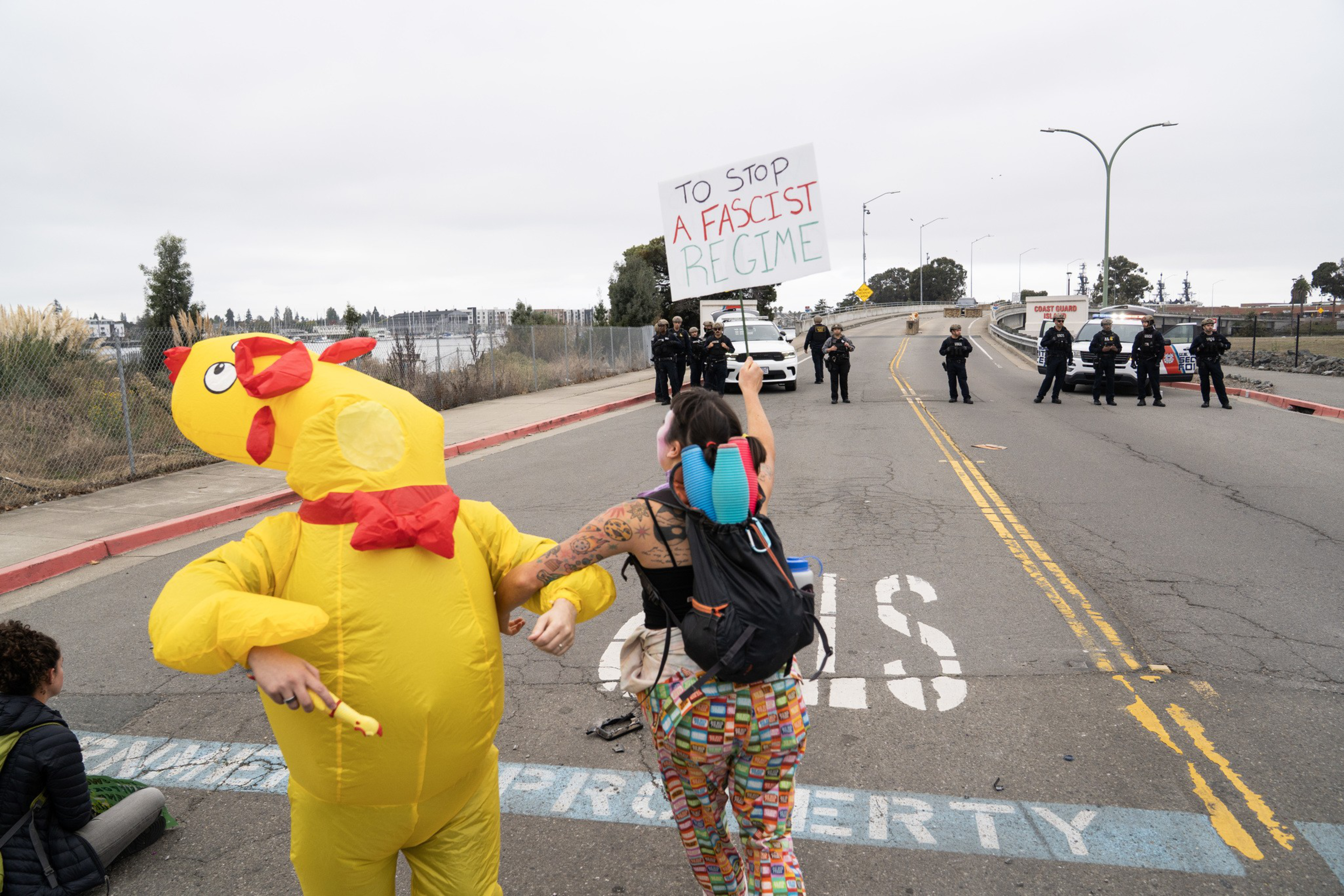 A person in a yellow chicken costume holds a rubber chicken while another person holds a sign reading “TO STOP A FASCIST REGIME,” facing a line of police officers.