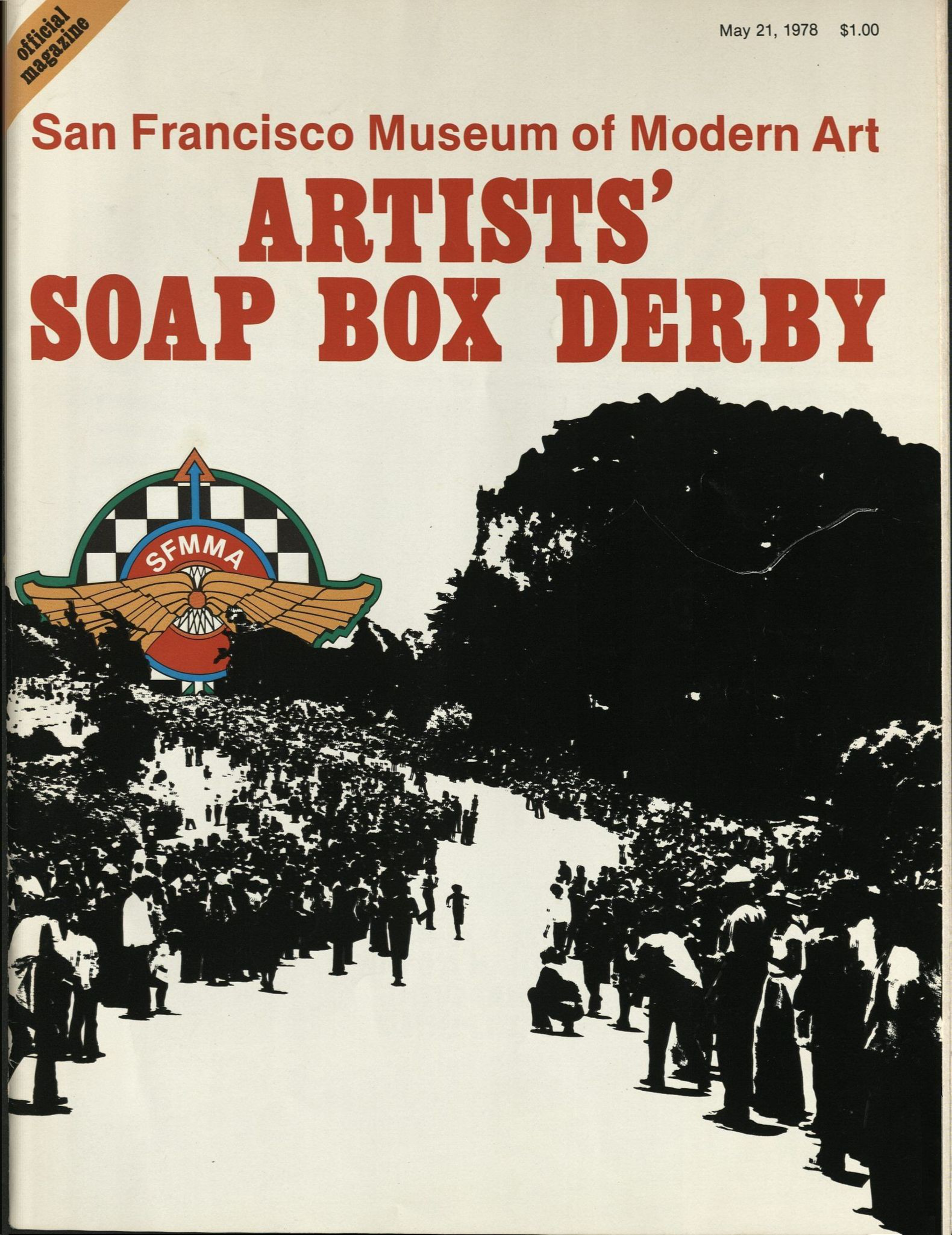 Crowds of people line a winding street or path under trees, with text advertising the San Francisco Museum of Modern Art's Artists' Soap Box Derby event.