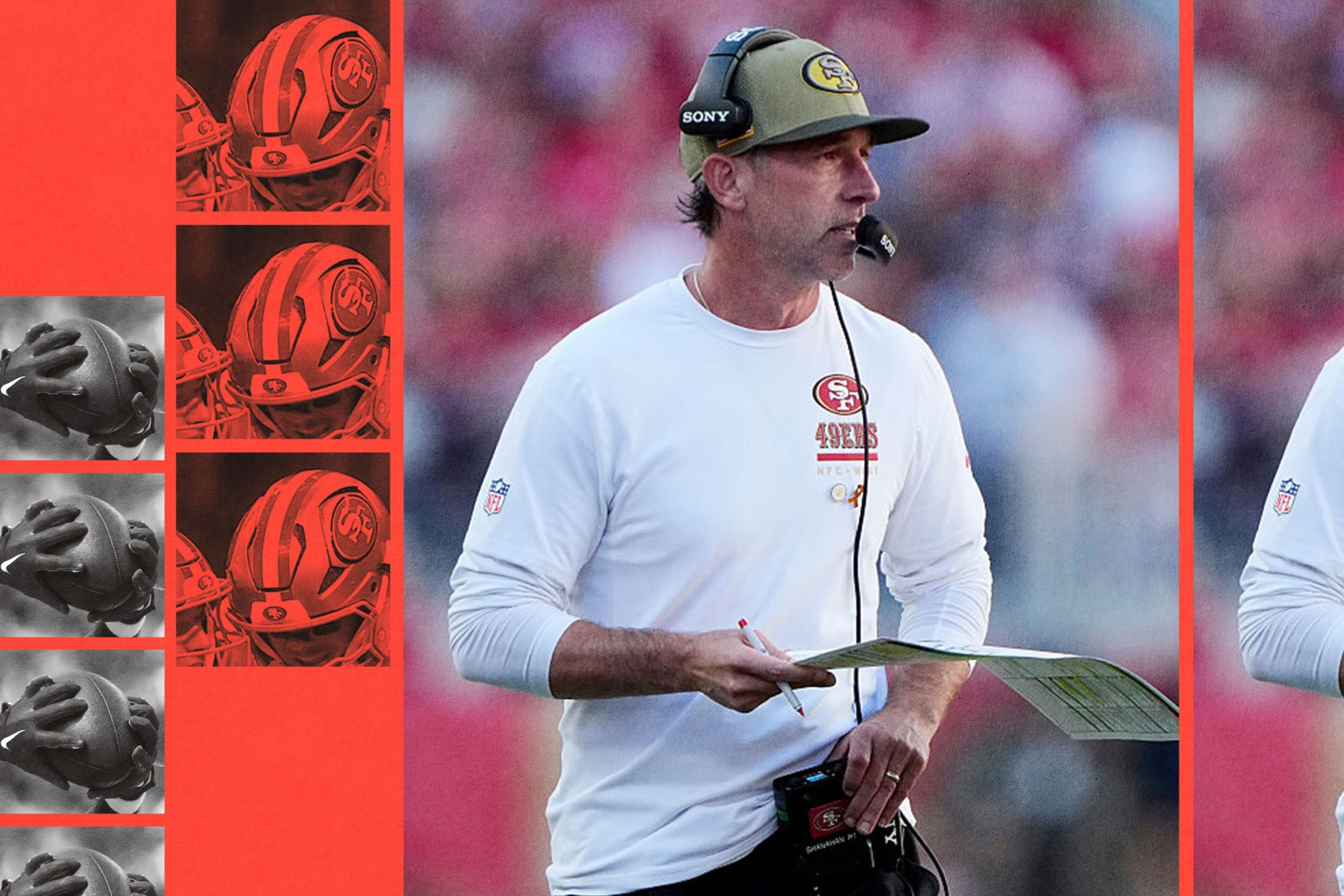 A football coach wearing a white 49ers shirt and green cap, holding a play sheet, with headset microphone on a field background.