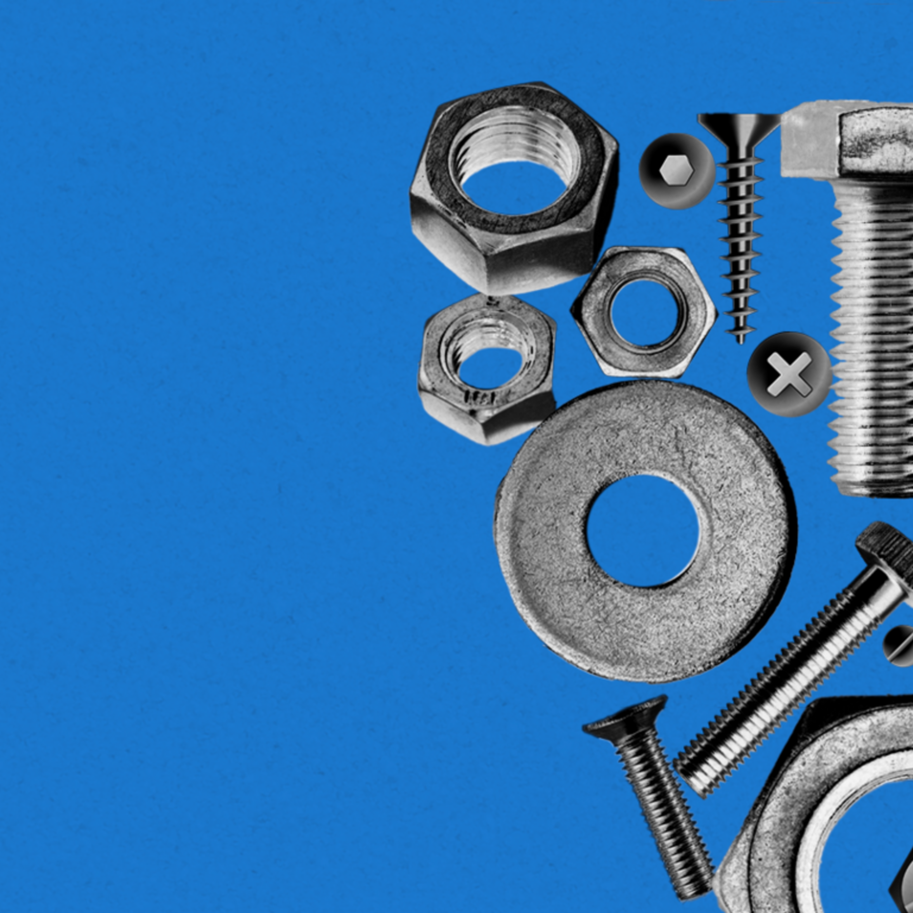 The image shows various metal nuts, bolts, and screws arranged to form the shape of California on a blue background.