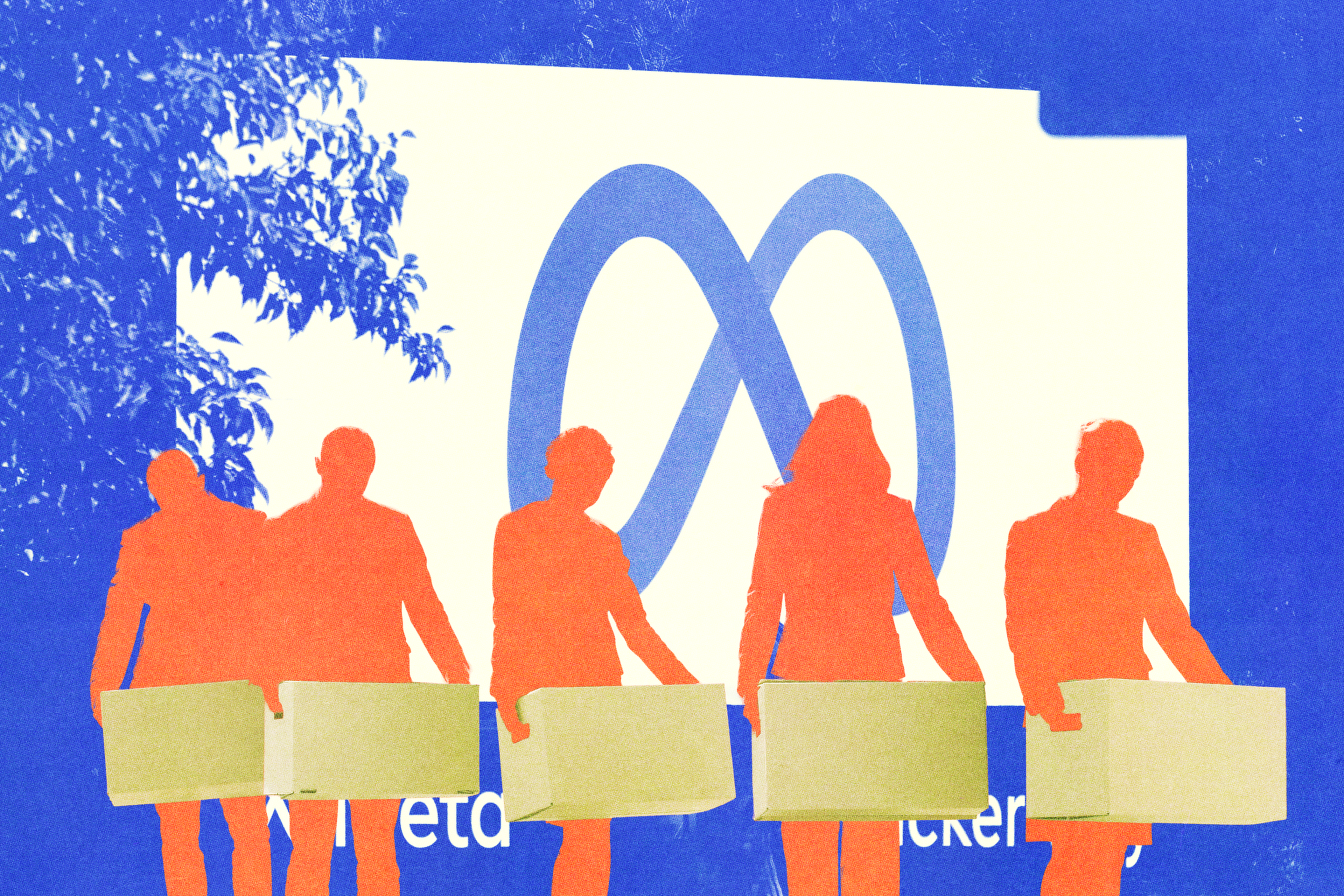 Five orange silhouettes hold boxes against a blue and white background featuring the Meta logo and partial text.