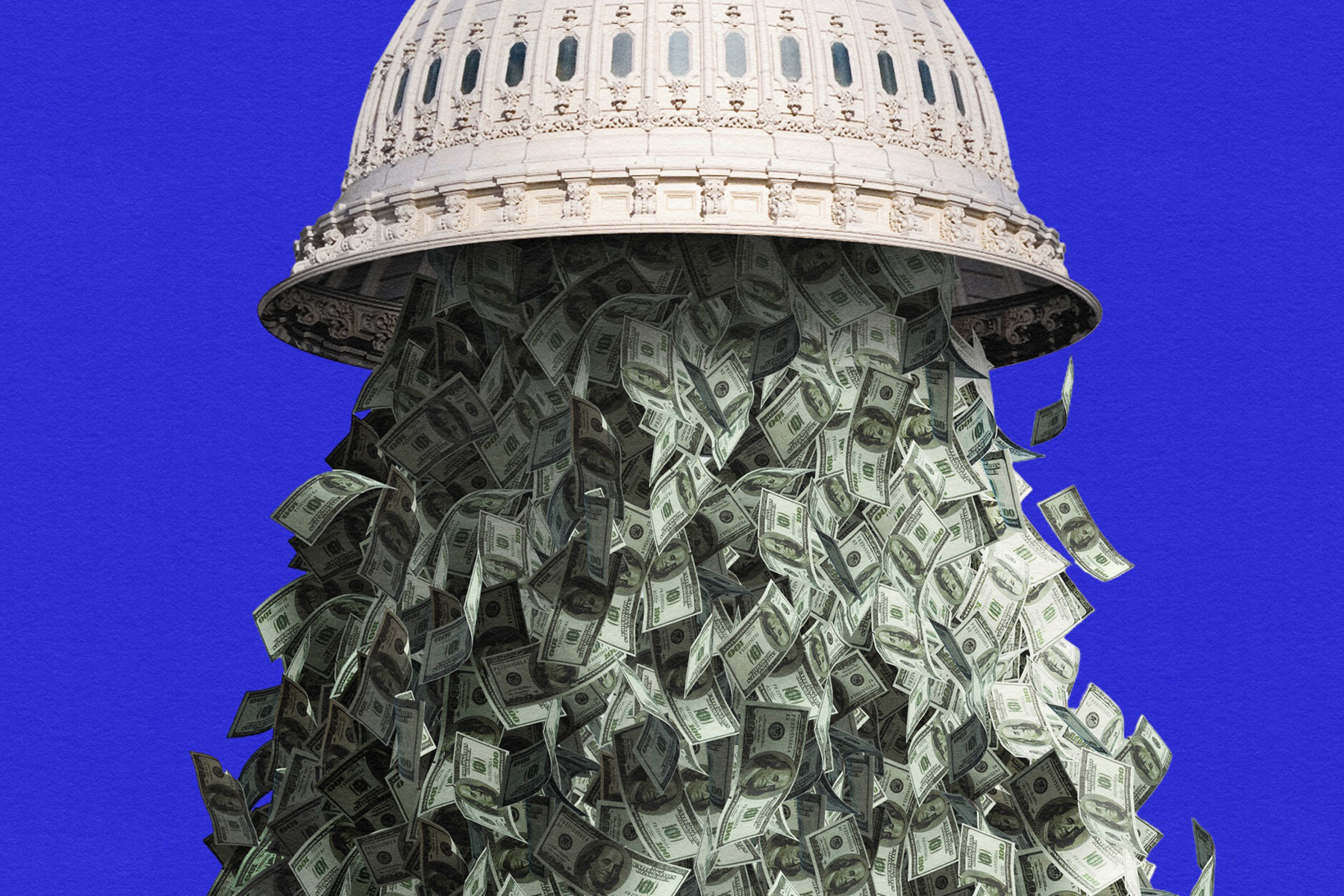 A Capitol dome upside down pouring out a large stream of hundred-dollar bills against a solid blue background.