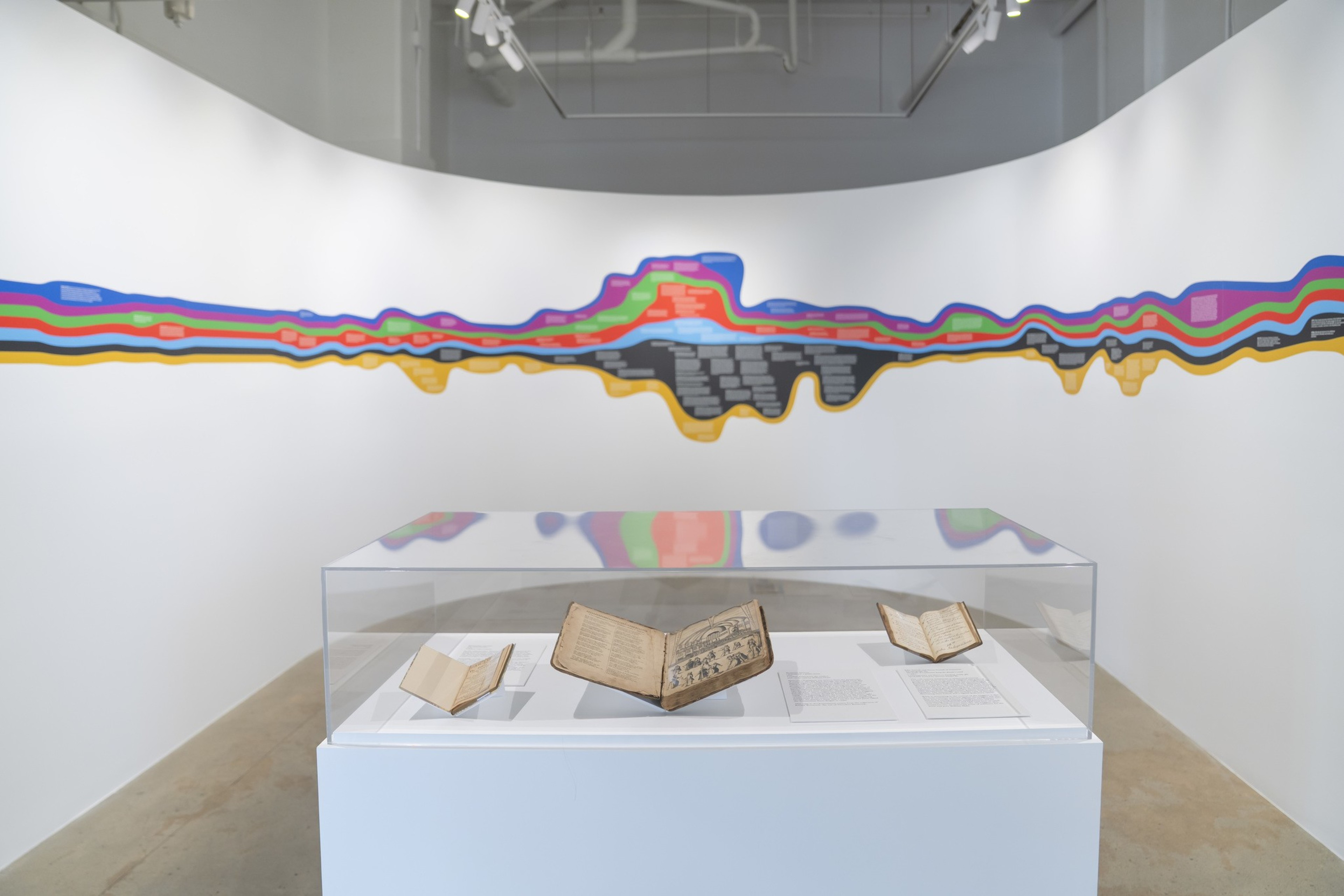 The image features a display case with three old, open books. Behind them is a colorful, wavy mural on a white wall inside a modern exhibition space.