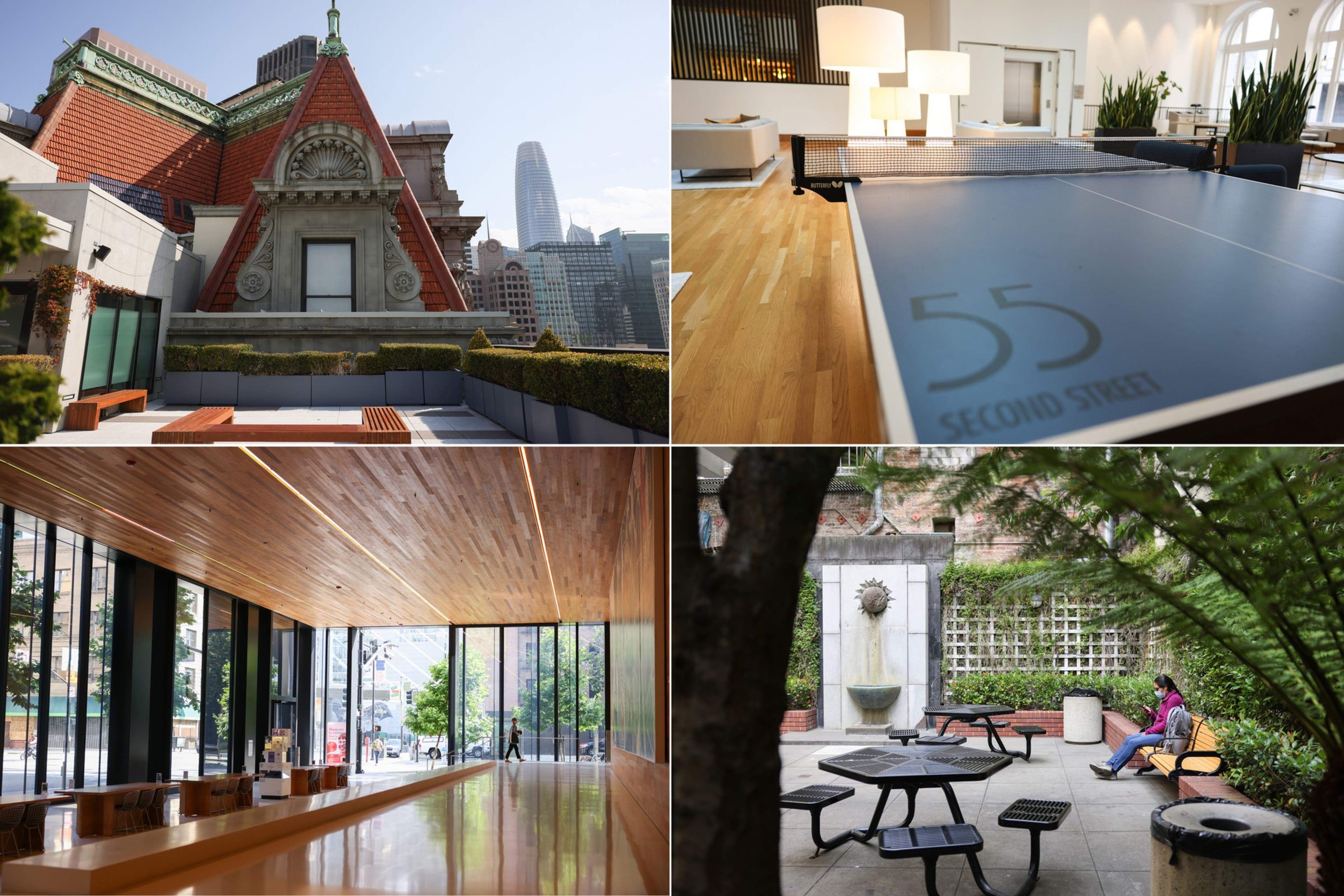 A rooftop terrace with a cityscape view; a blue ping pong table indoors; a modern lobby with wooden ceiling and large windows; an outdoor courtyard with benches and a person sitting.
