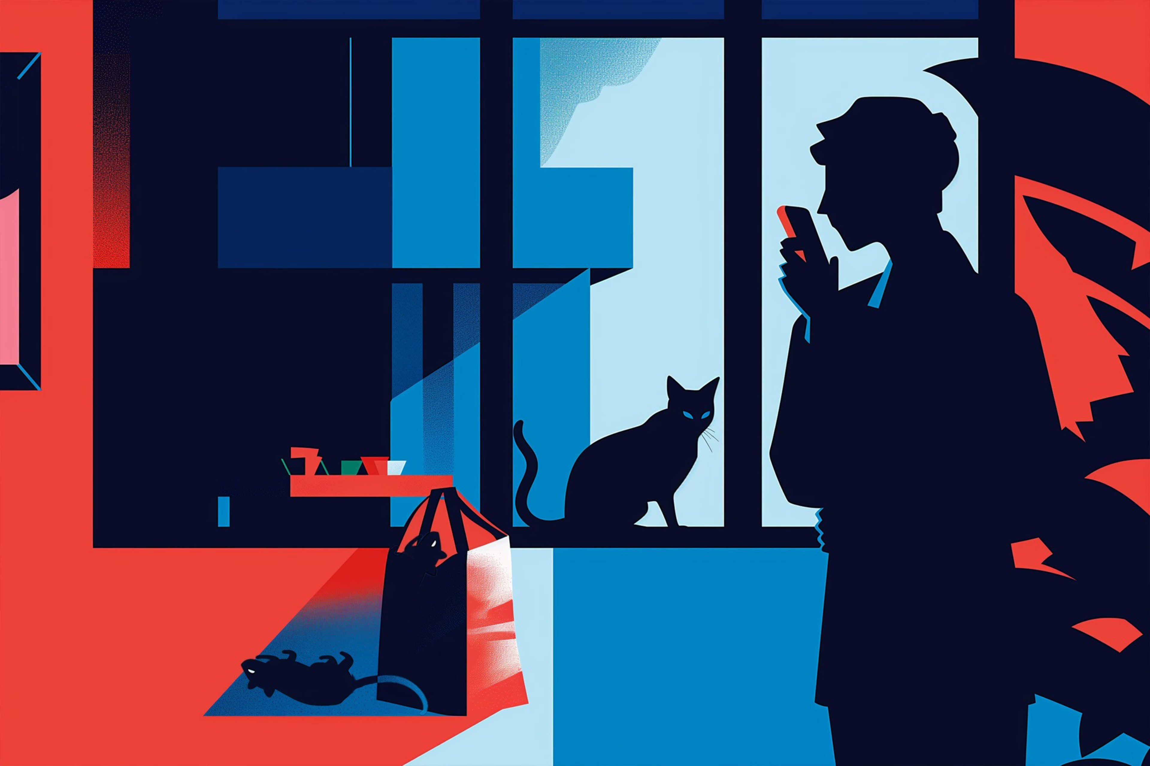 An illustration shows a silhouetted person speaking on the phone while a cat stands nearby.