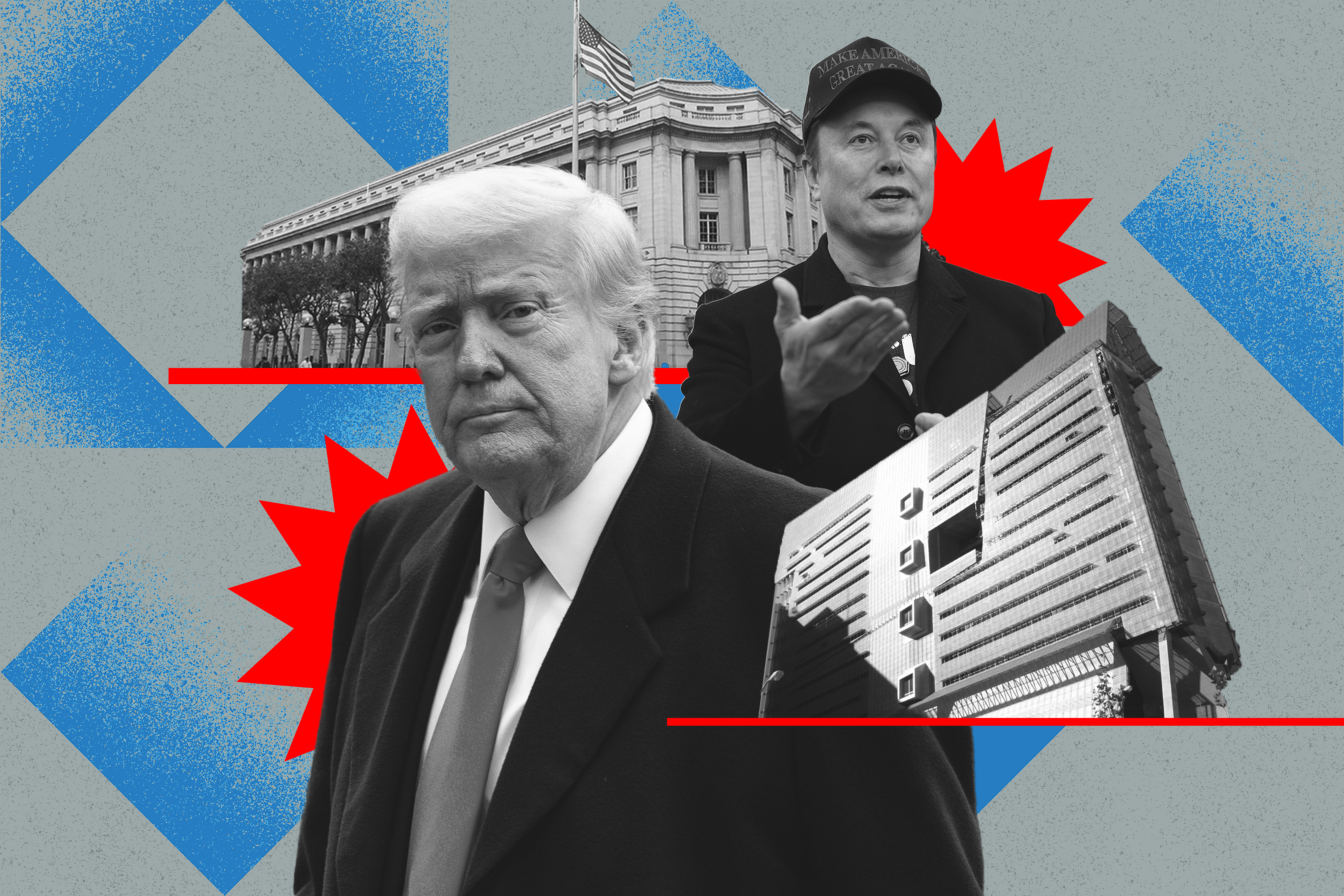 The image features two men in suits and various backgrounds, including a prominent building and abstract shapes. The mood is formal with a collage style.