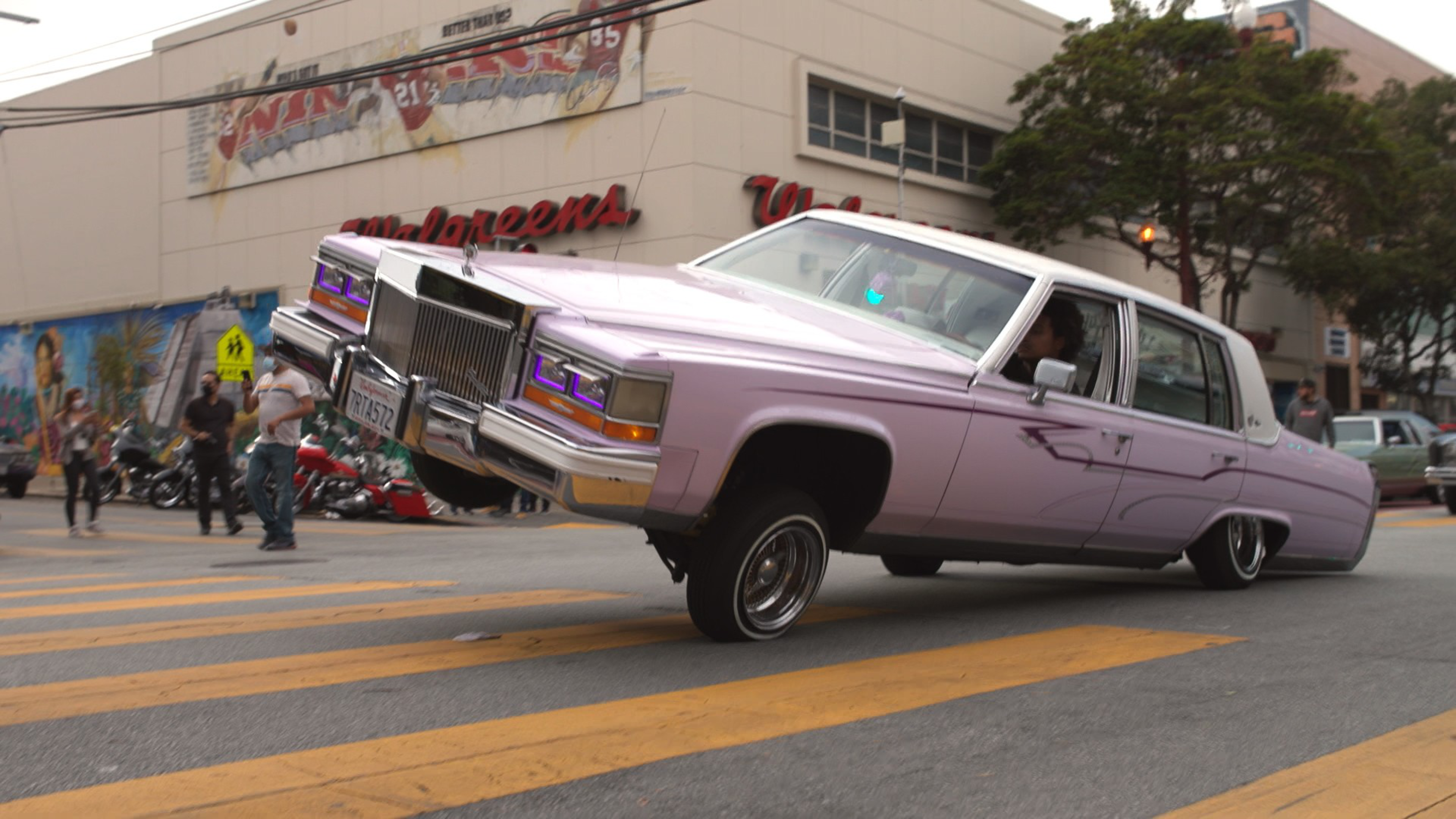 A lavender lowrider car with its front wheels lifted off the ground is cruising on a street in front of a Walgreens store.