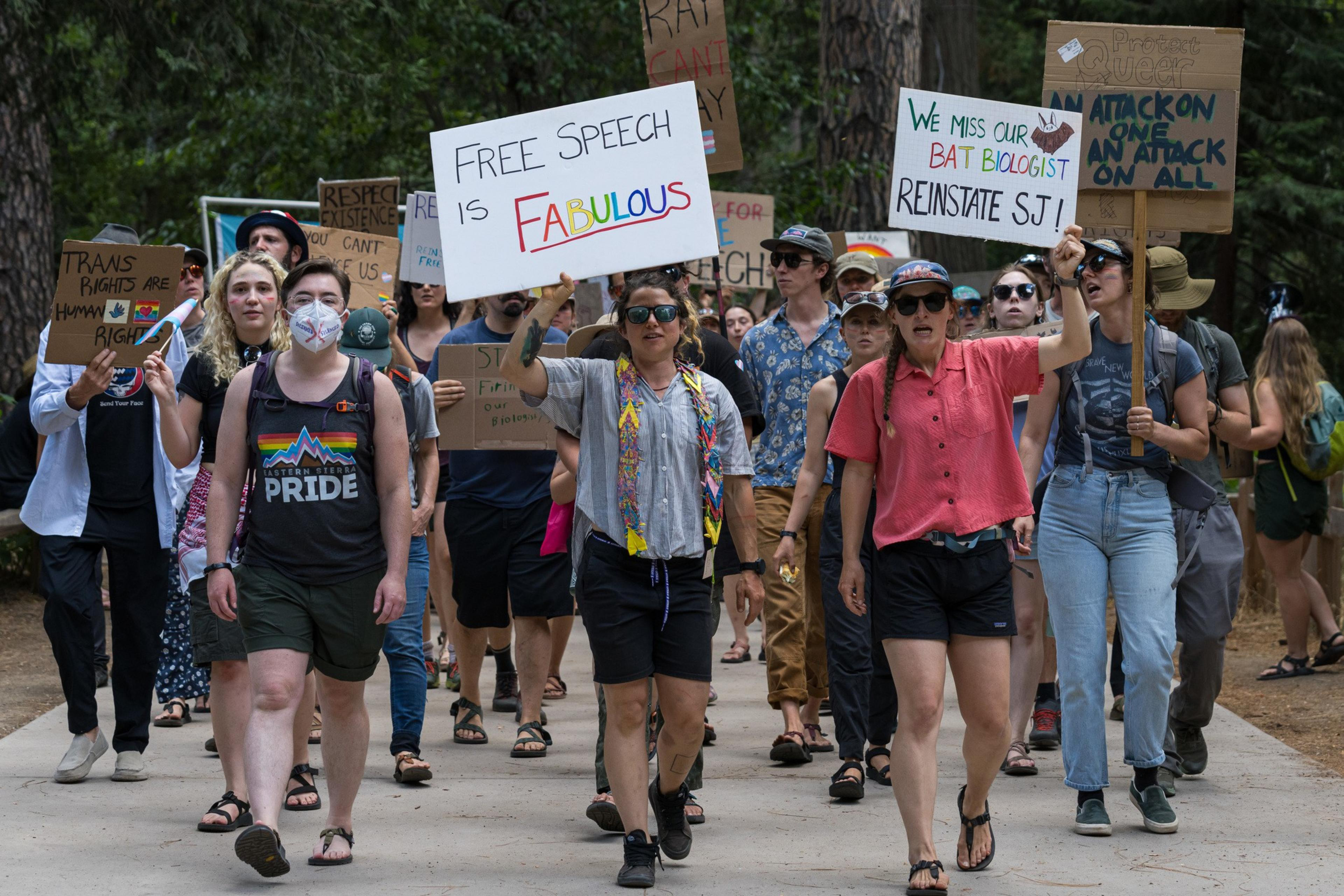 A diverse group of people march outdoors holding signs advocating for free speech, trans rights, bat biologist reinstatement, and anti-attack solidarity.