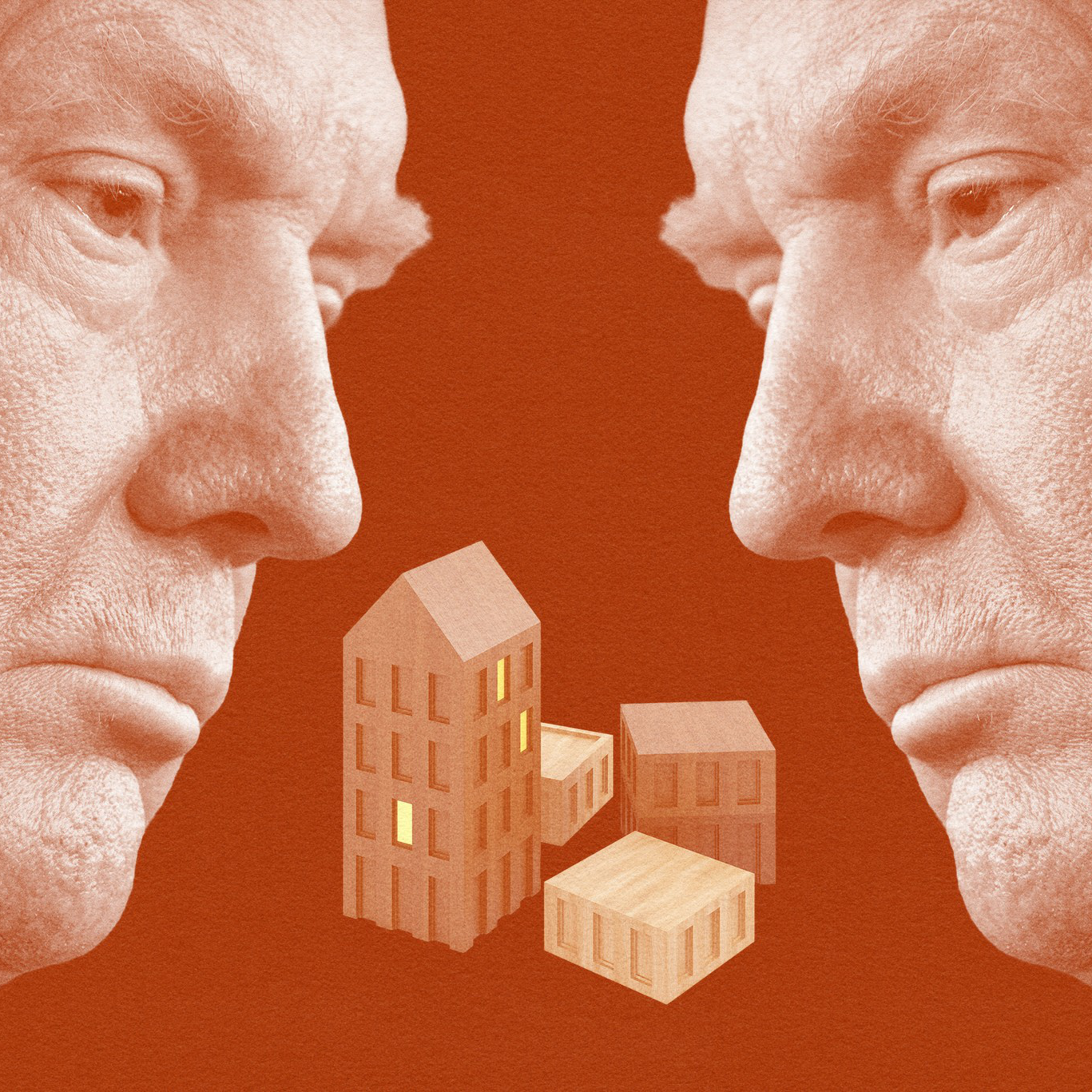The image shows mirrored profiles of an older man facing small stylized buildings in the center, all in an orange tint.