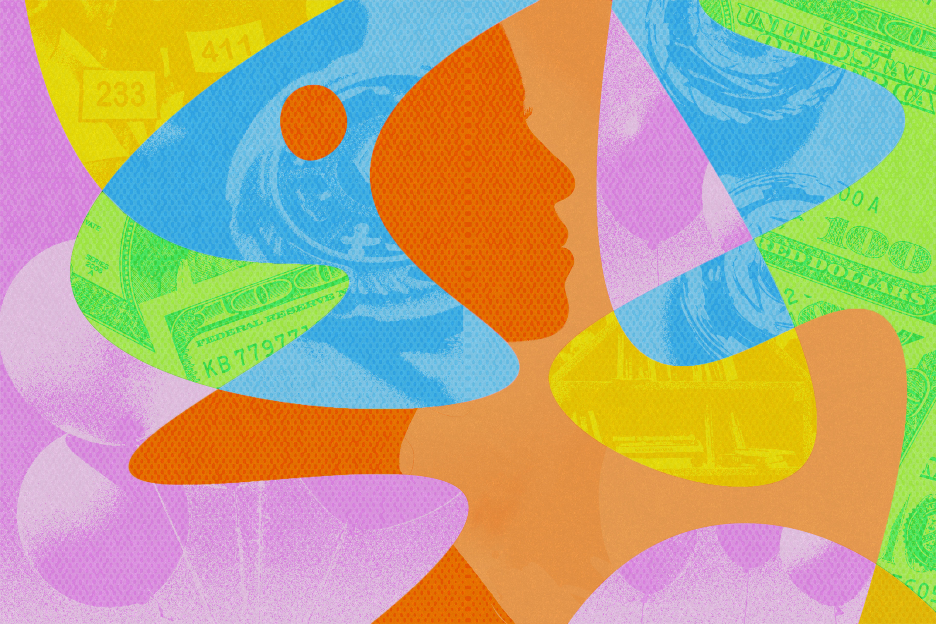 The image features an abstract composition of colorful overlapping shapes with a prominent orange silhouette of a personâ€™s profile amidst patterns of money and numbers.