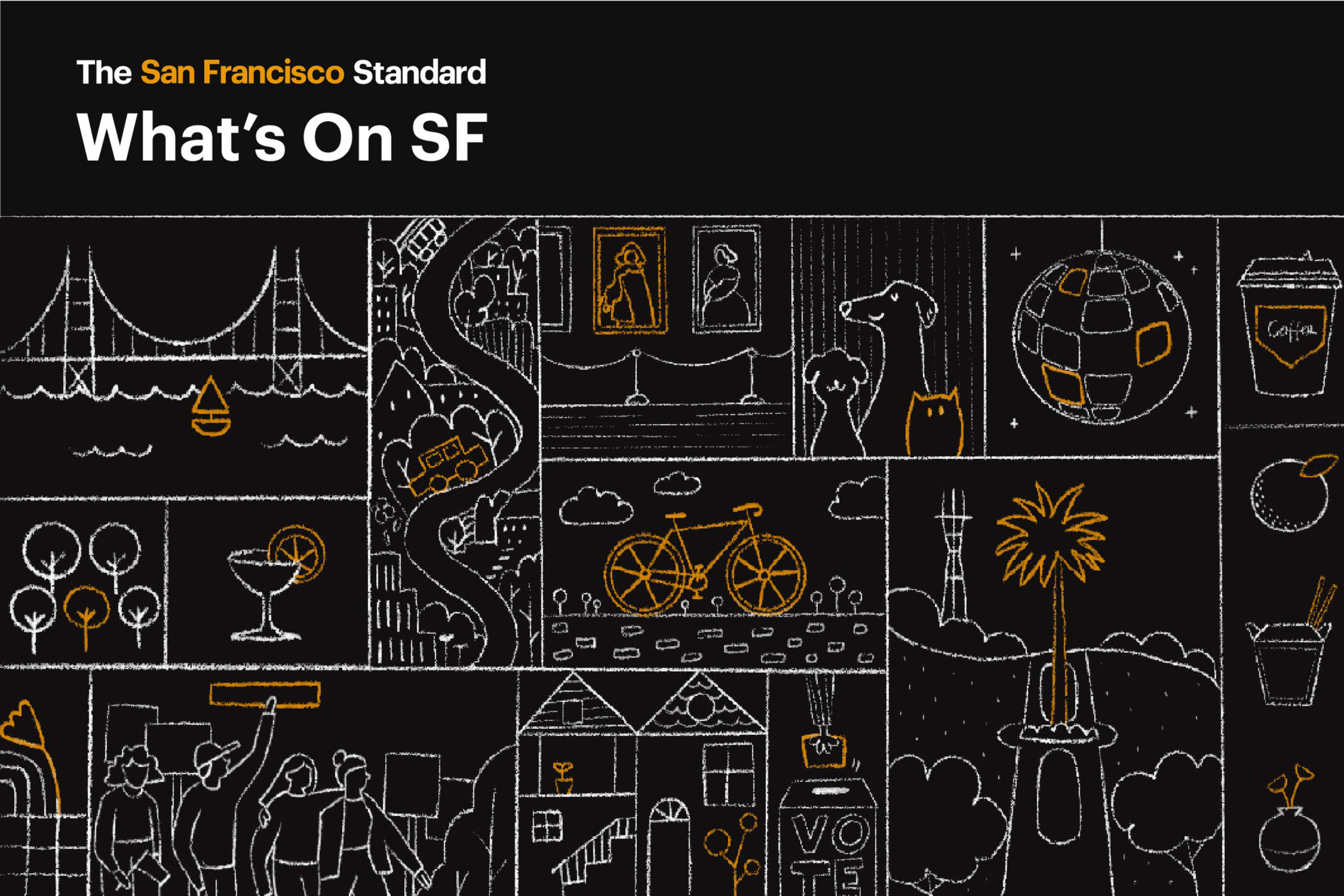 San Francisco icons and activities include the Golden Gate Bridge, cable cars, art galleries, bikes, protests, palm trees, coffee, cocktails, and voting.
