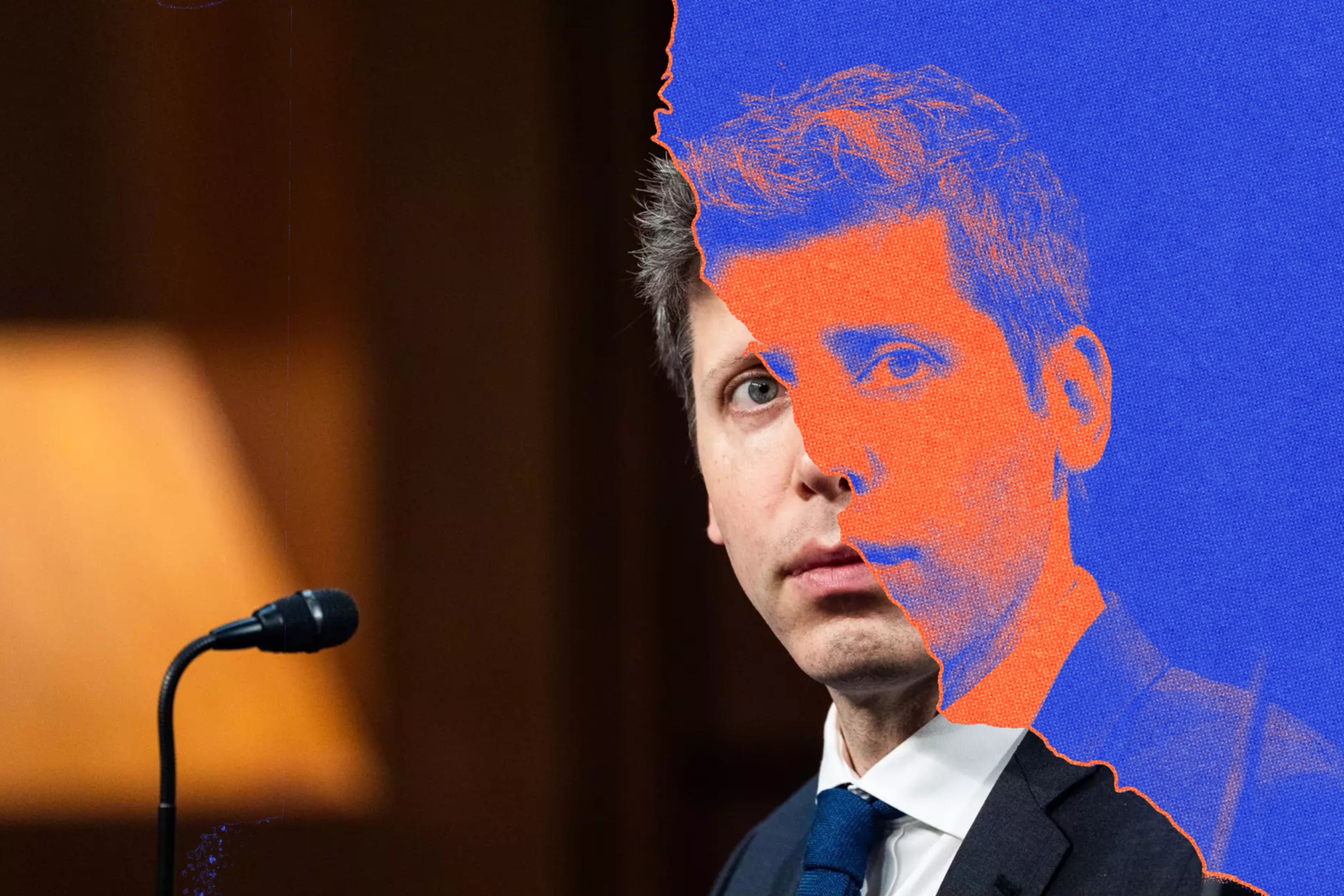 A man in a suit and tie is speaking into a microphone, with half his face overlaid by a torn paper effect in orange and blue.