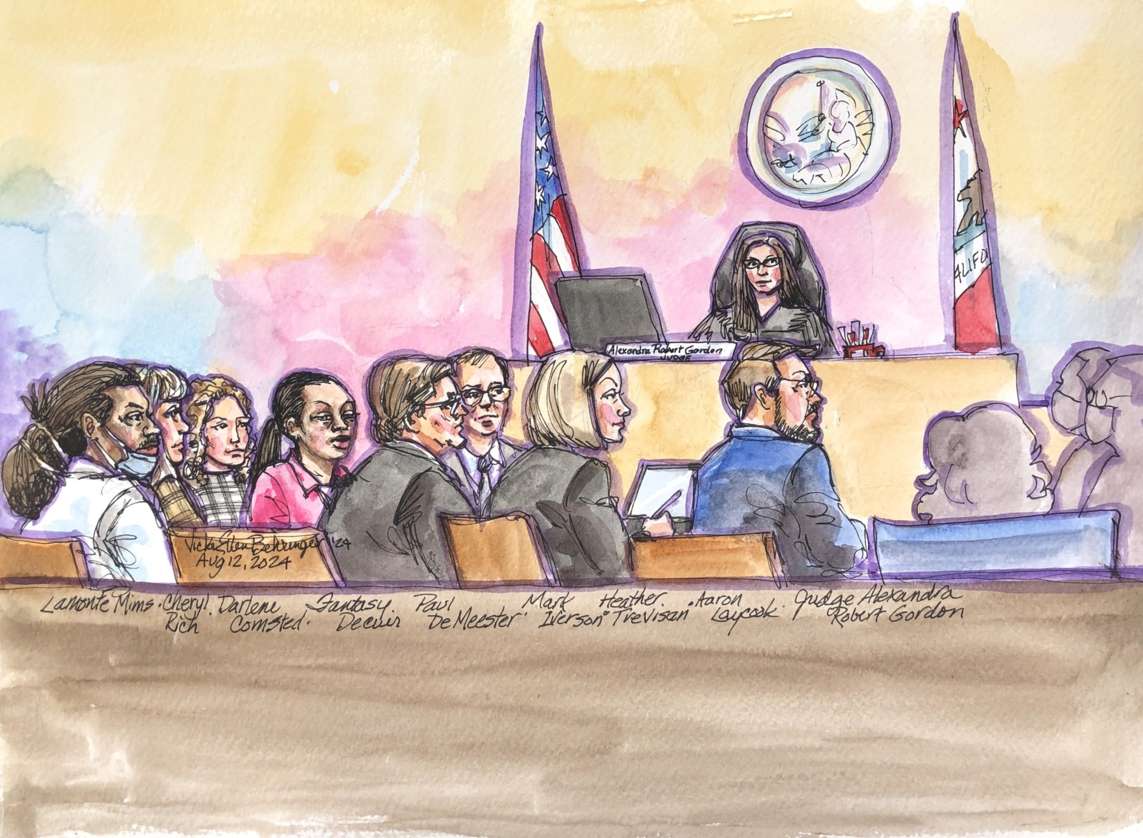 A courtroom sketch shows a judge seated behind a bench with a flag, while several people sit in rows facing her, engaged in the proceedings.