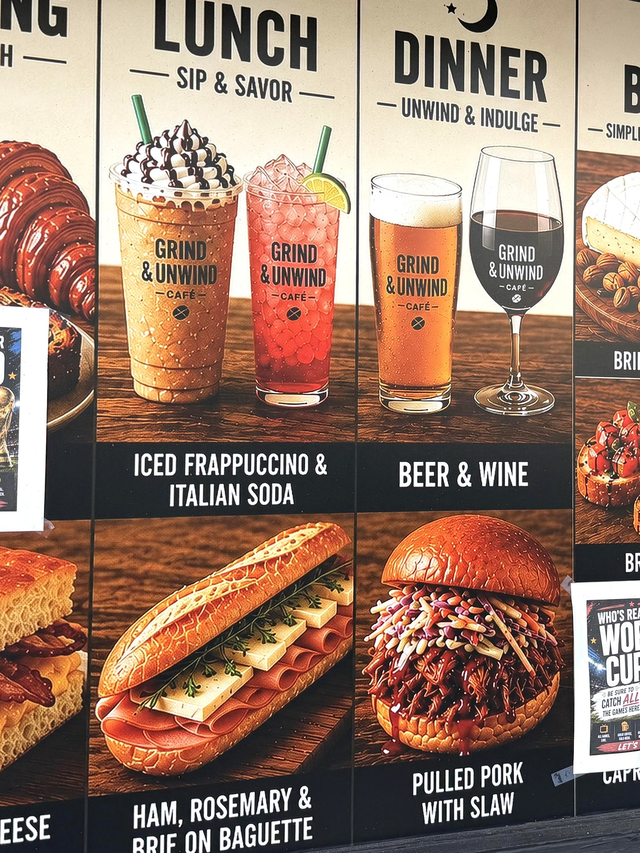Grind & Unwindの飲料とサンドイッチの店頭メニュー