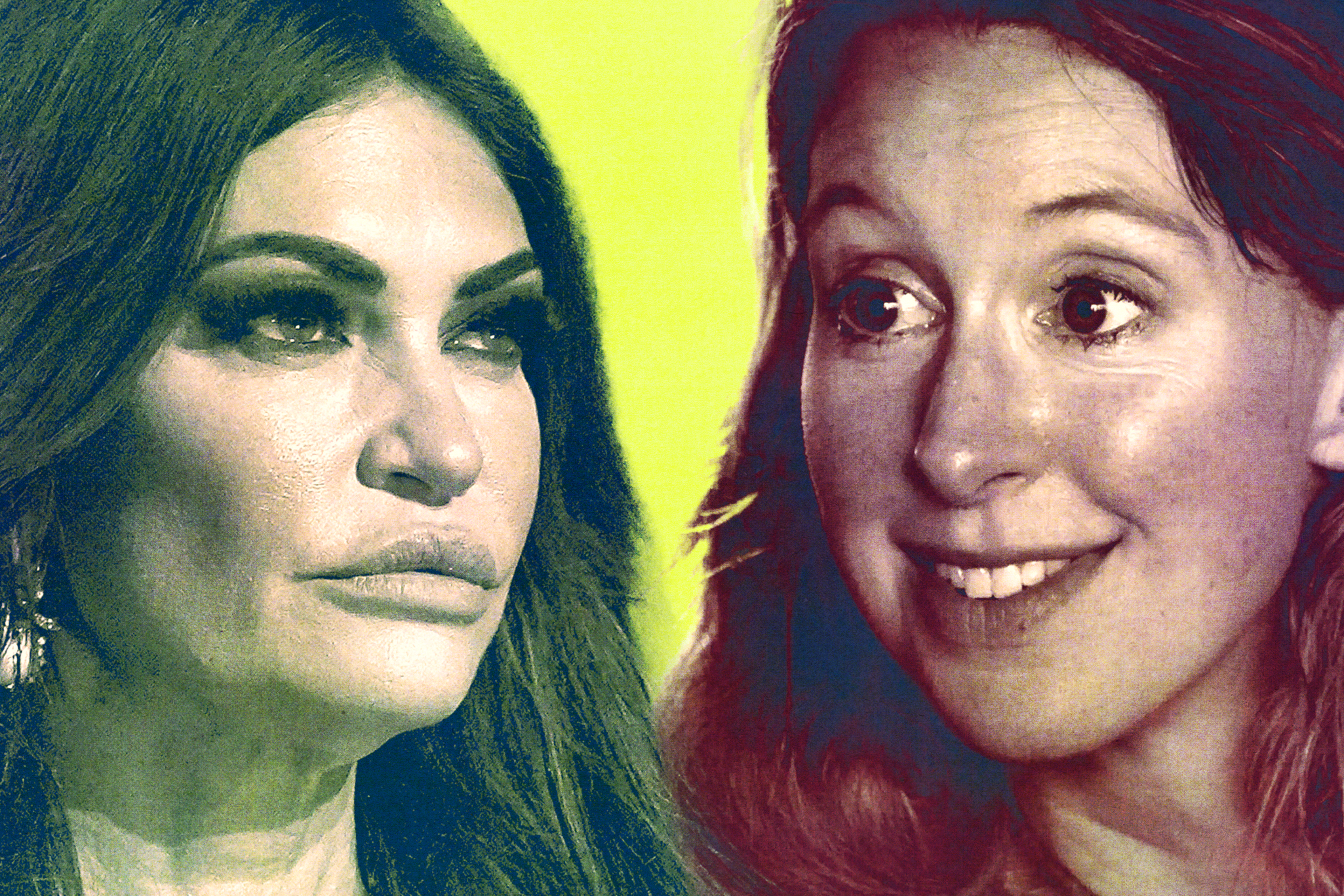 A woman with dark hair and bold makeup looks serious, while another woman with lighter hair smiles gently, both shown against a yellow background.