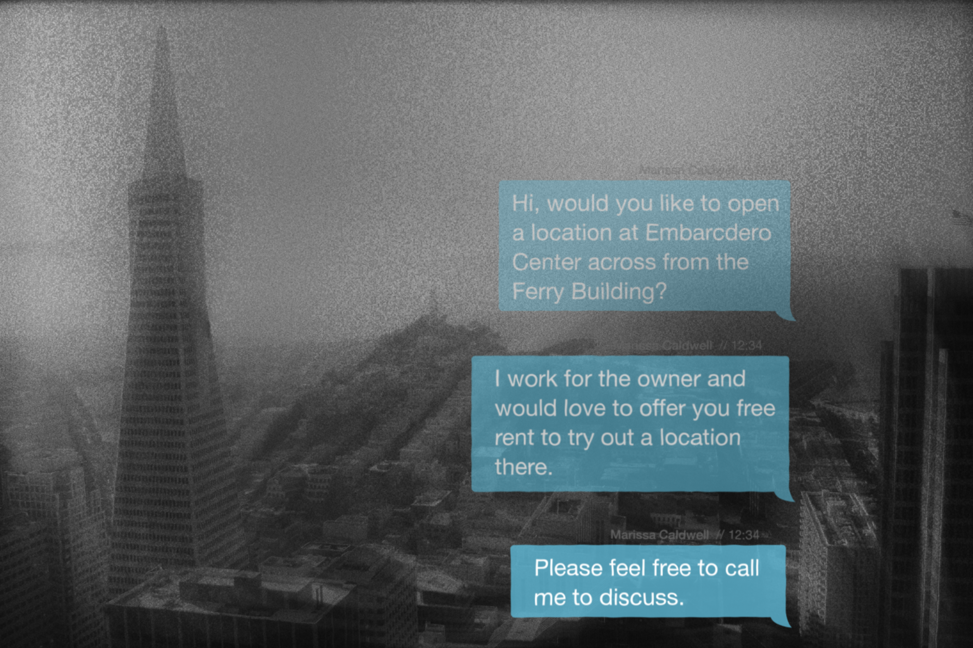 A foggy cityscape with tall buildings, including a pyramid-shaped skyscraper, overlaid with blue text messages about opening a free-rent location near the Ferry Building.