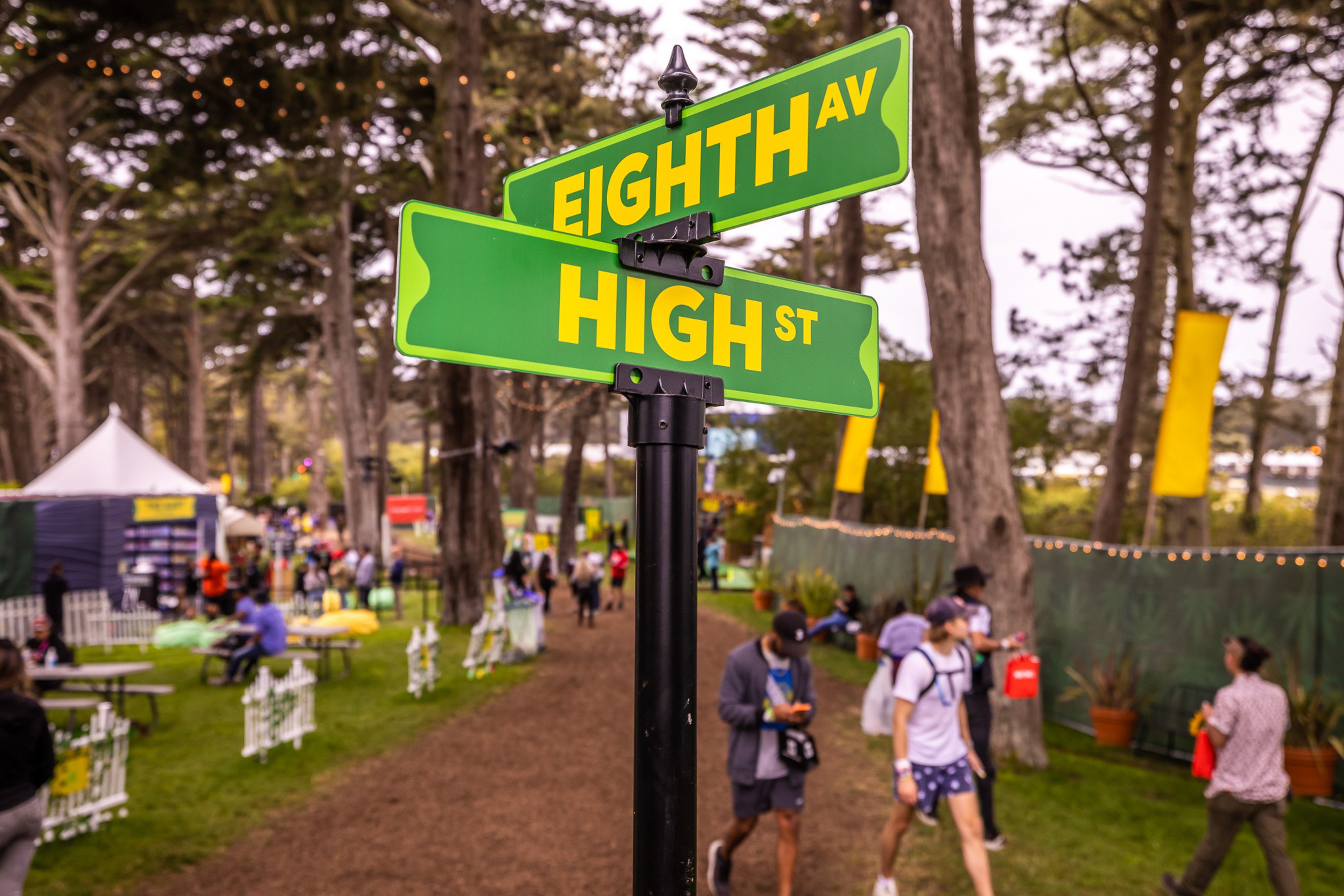 Green street signs with yellow letters mark the intersection of Eighth Avenue and High Street in a park filled with people and trees.