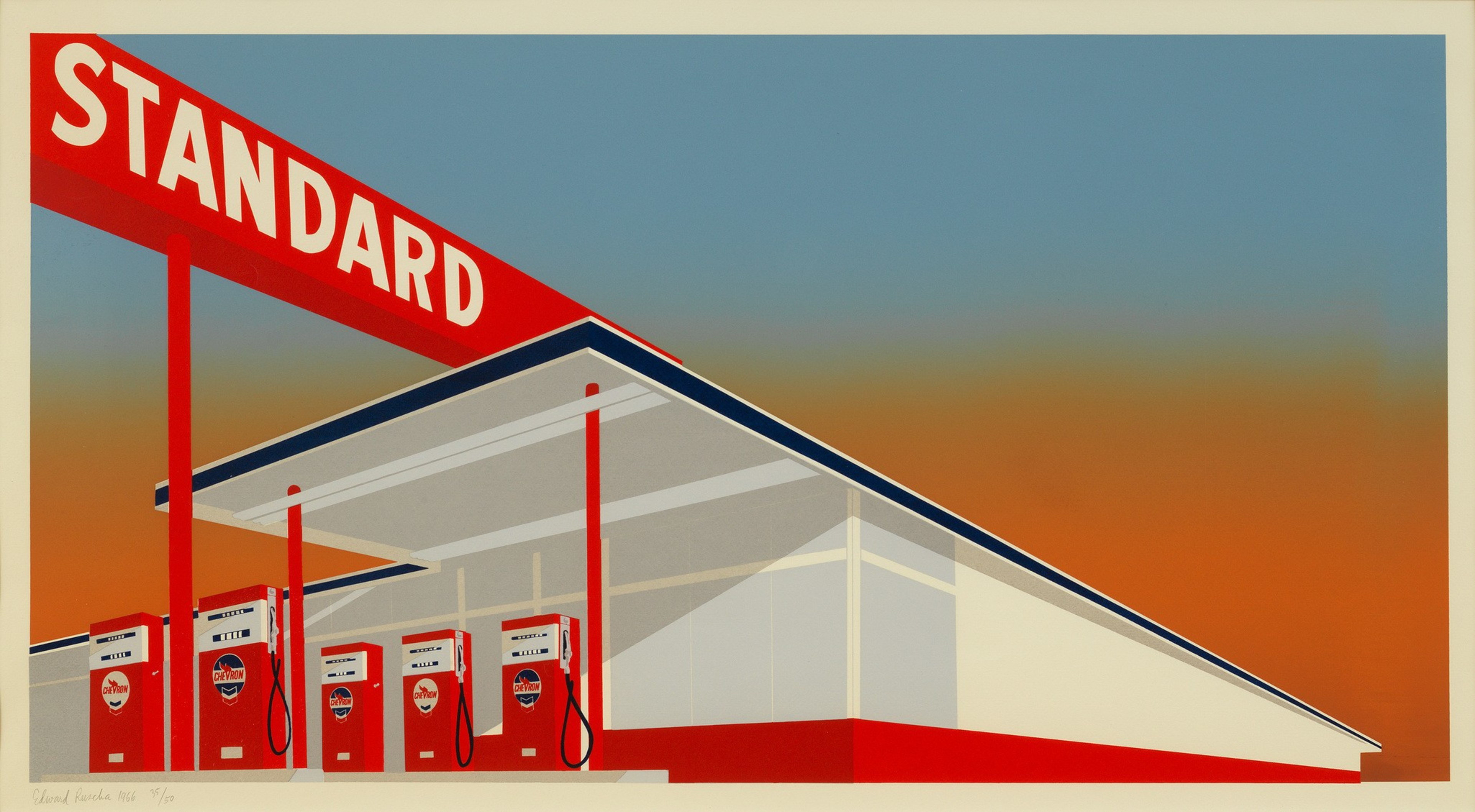 The image shows a retro-style gas station under a vivid blue and orange sky, featuring bold red and white pumps and a large &quot;STANDARD&quot; sign.