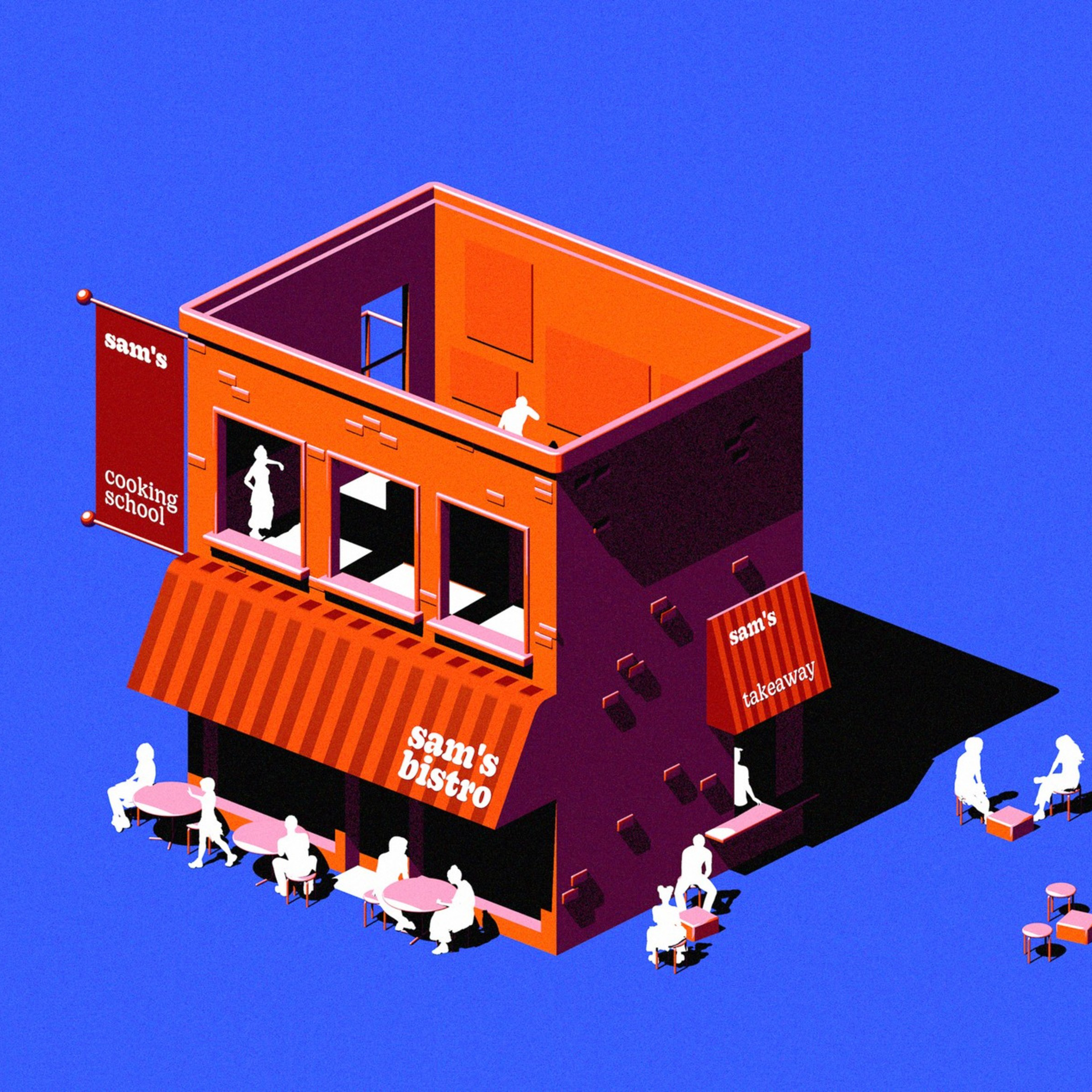An illustration depicting a red building with tables and chairs around it.
