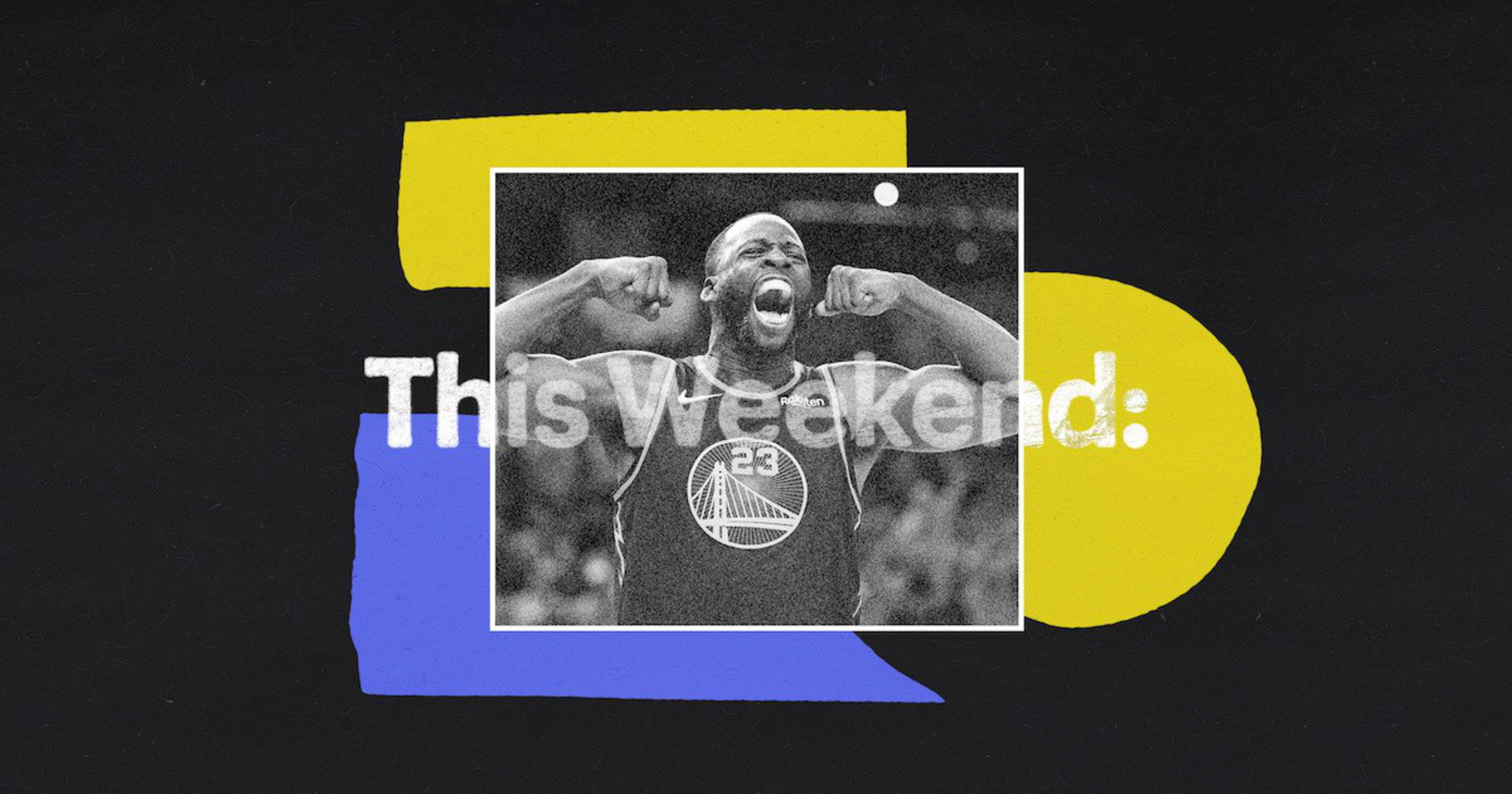 A black-and-white photo of a basketball player wearing a Golden State Warriors jersey, flexing his arms and shouting with excitement.