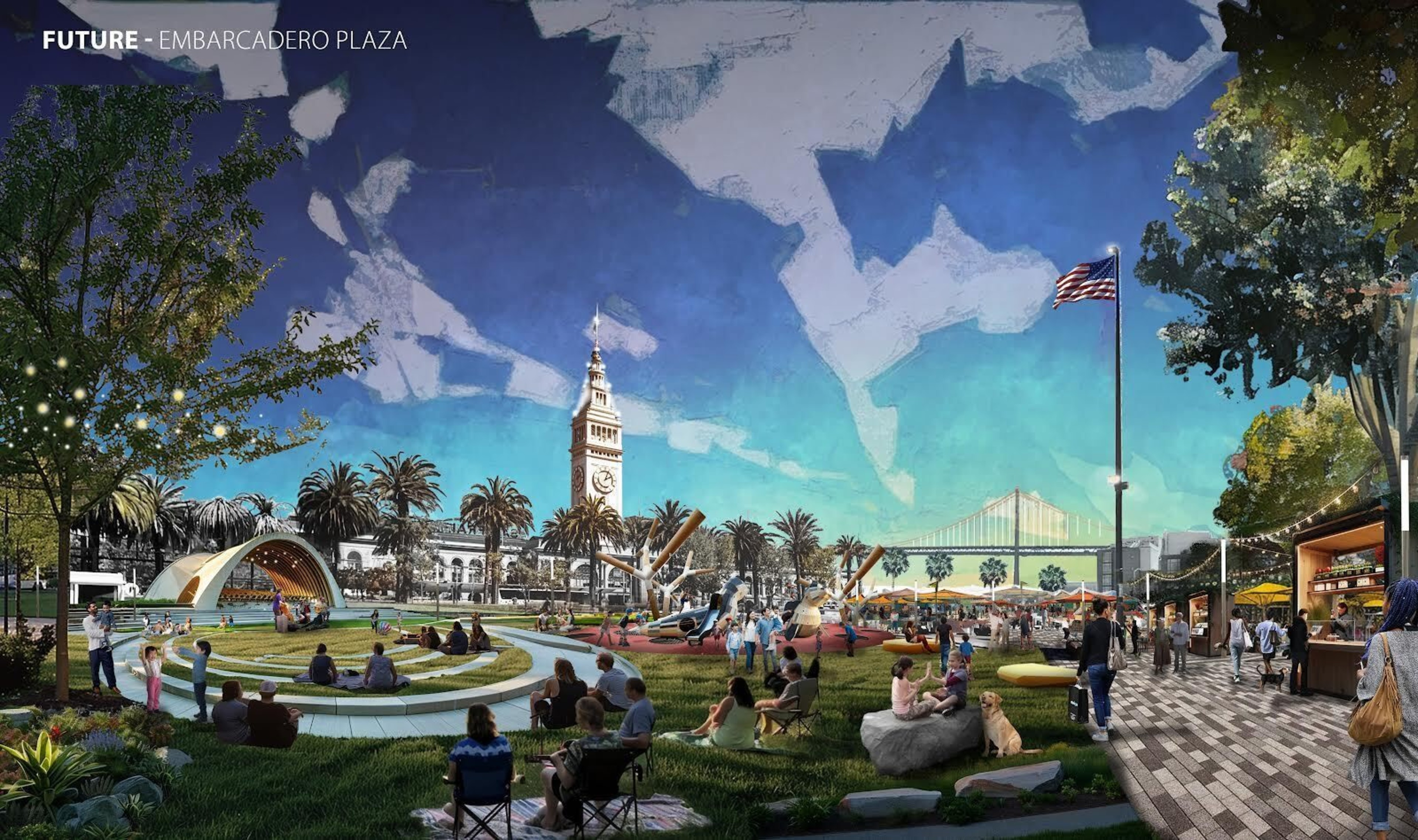 The image shows a vibrant park with people relaxing on grass, a playground, an amphitheater, a clock tower in the background, and market stalls with bright umbrellas.